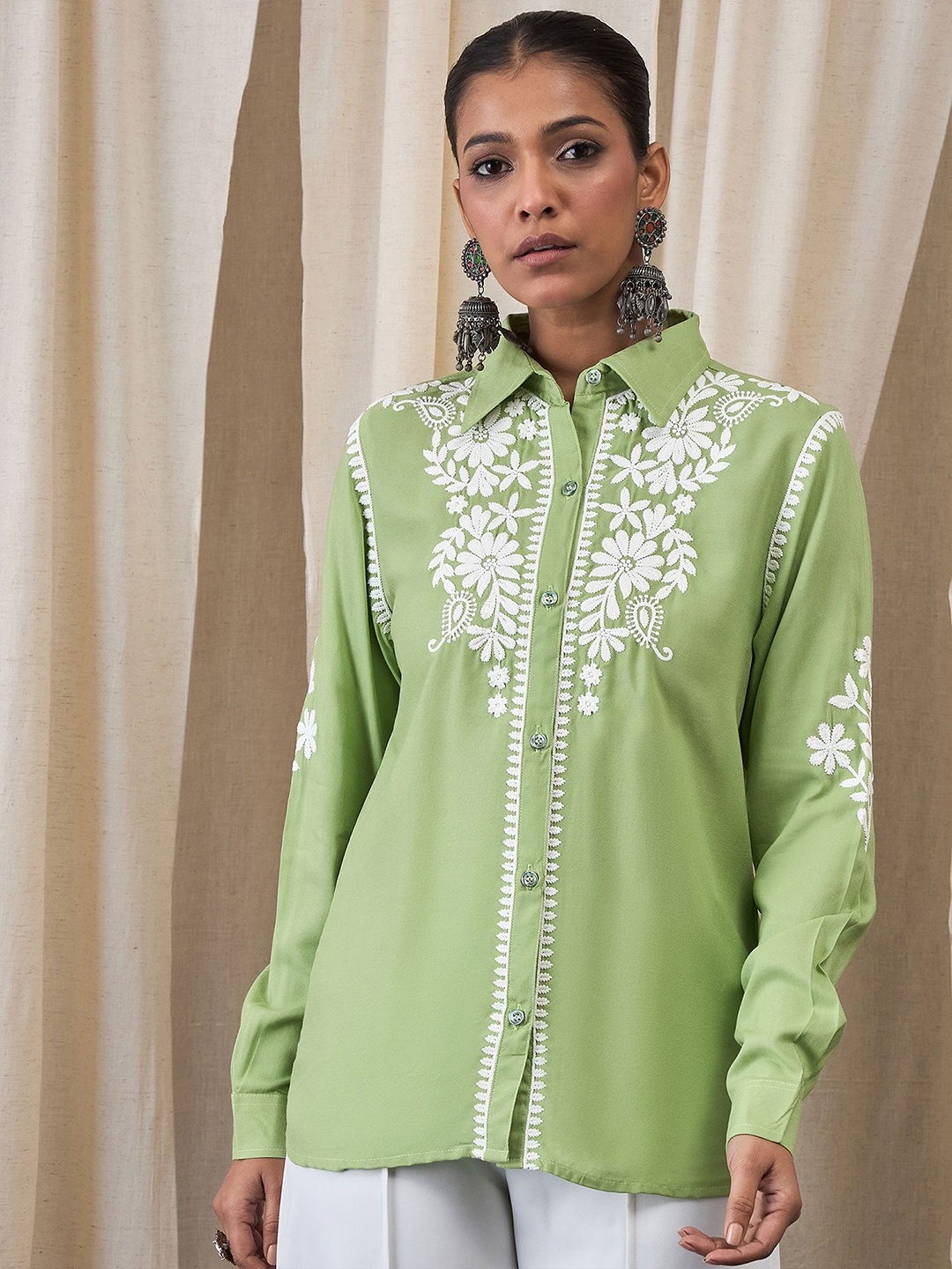 

Anouk Embroidered Long Sleeves Shirt Collar Tunics, Lime green