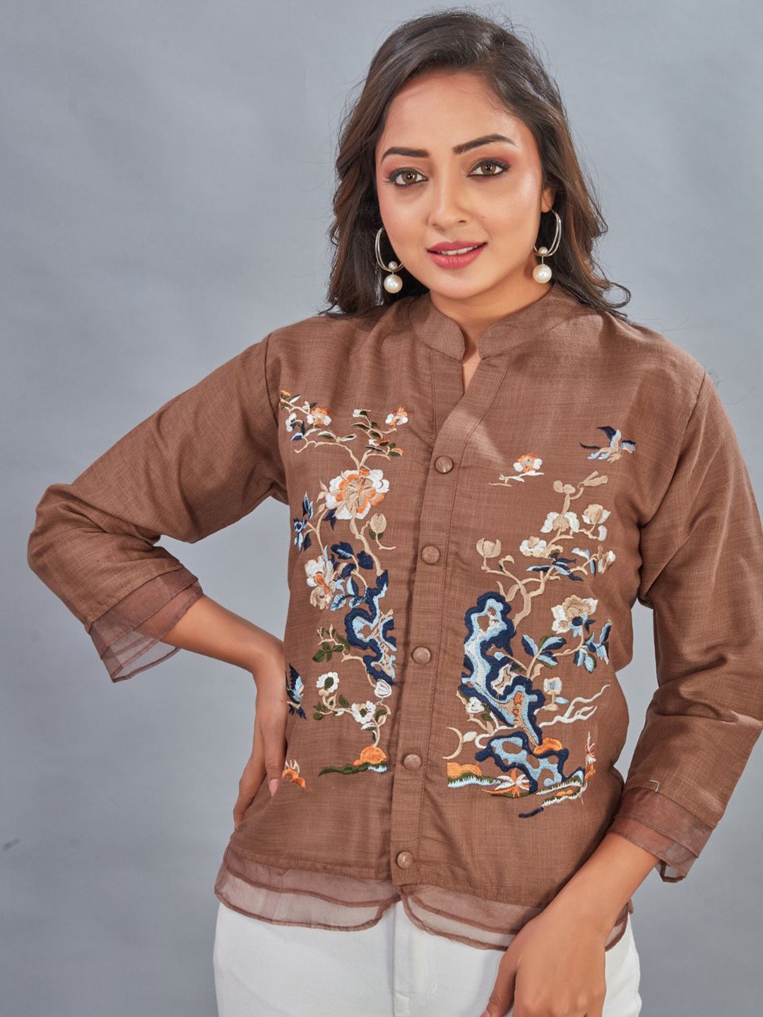 

Kesudi Mandarin Collar Embroidered Tunic, Brown