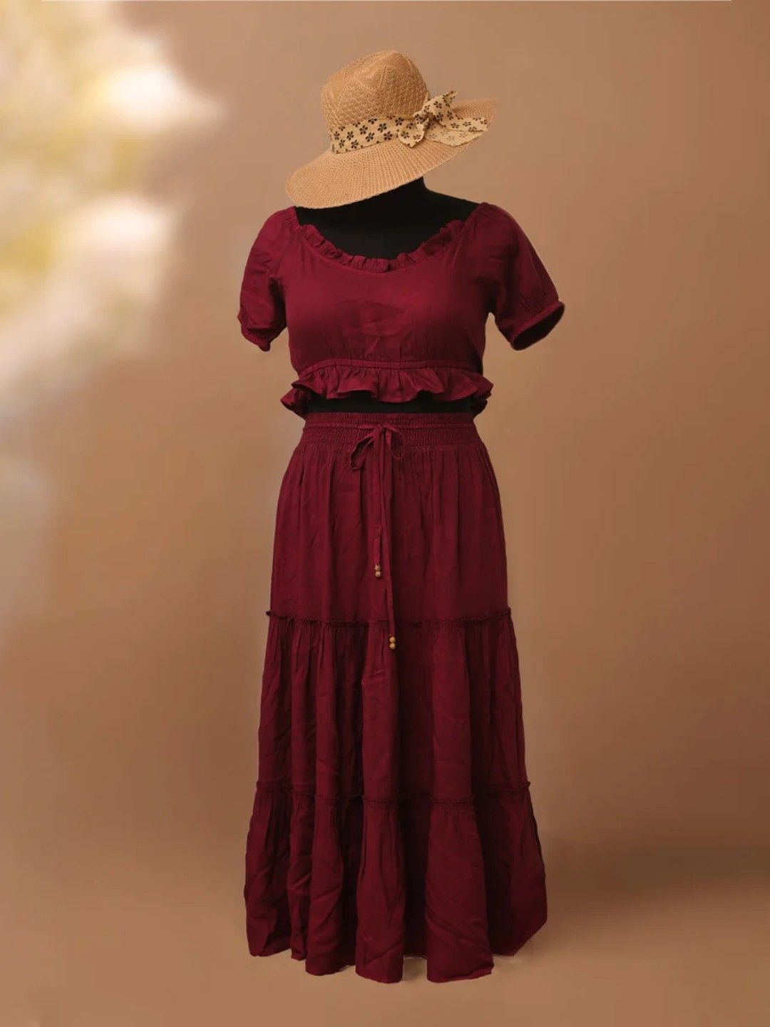 

Veeralda Round Neck Top With Skirt Co-Ords, Maroon