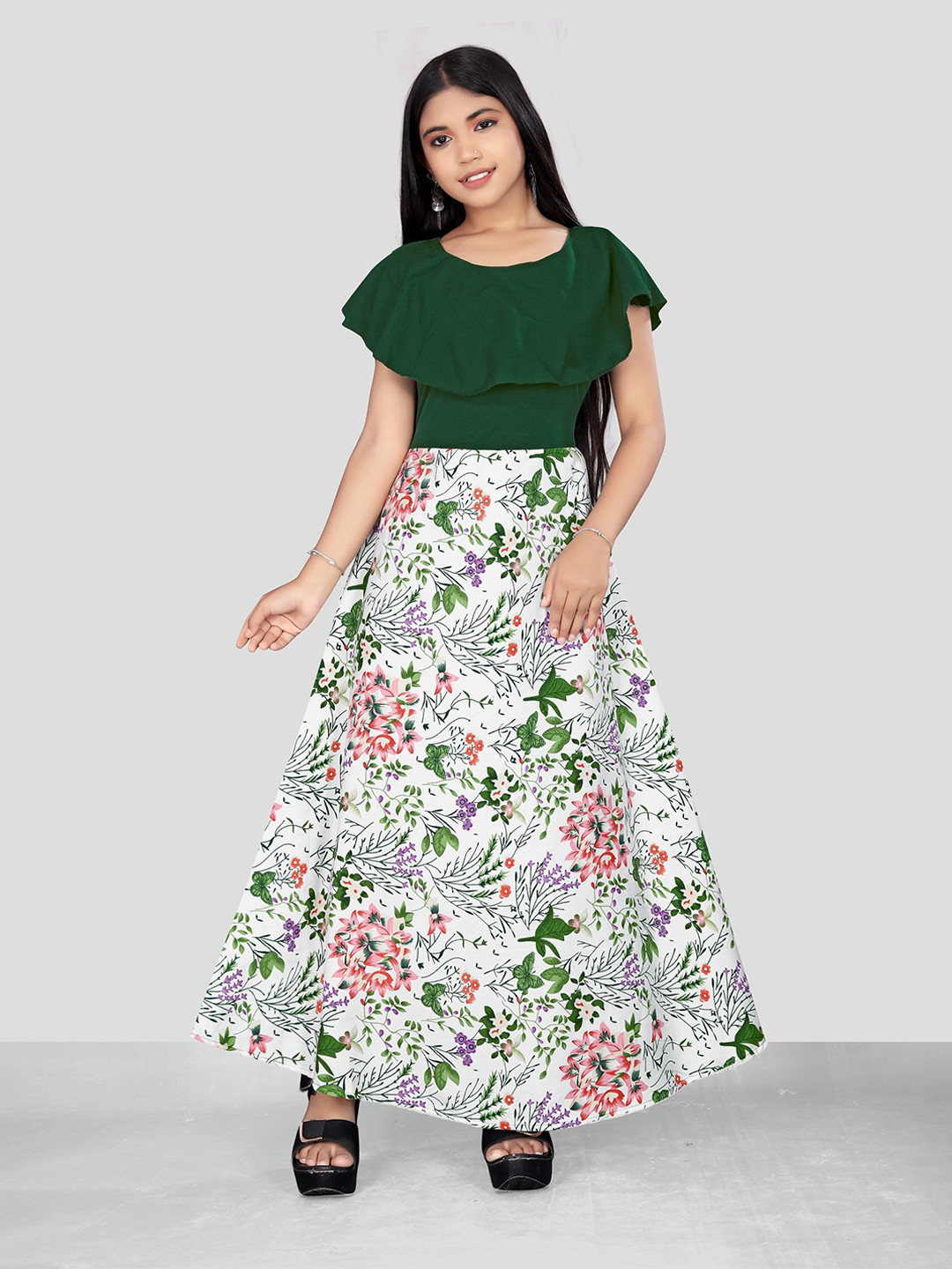 

Aarya Designer Floral Print Flared Sleeve Crepe Formal Fit & Flare Maxi Dress, Green