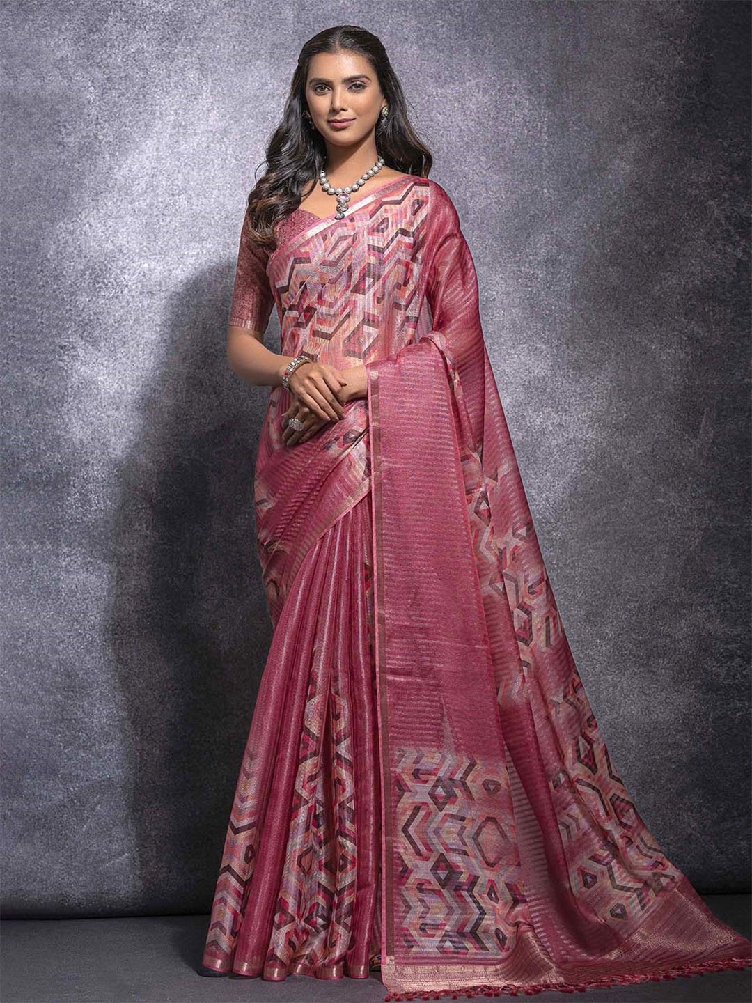 

Panzora Zari Linen Blend Saree, Pink