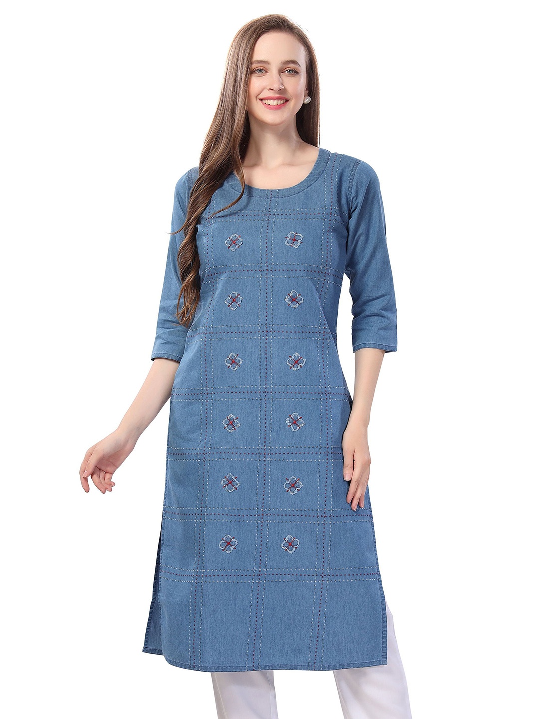 

Meher Impex Floral Embroidered With Thread Work Straight Kurta, Blue