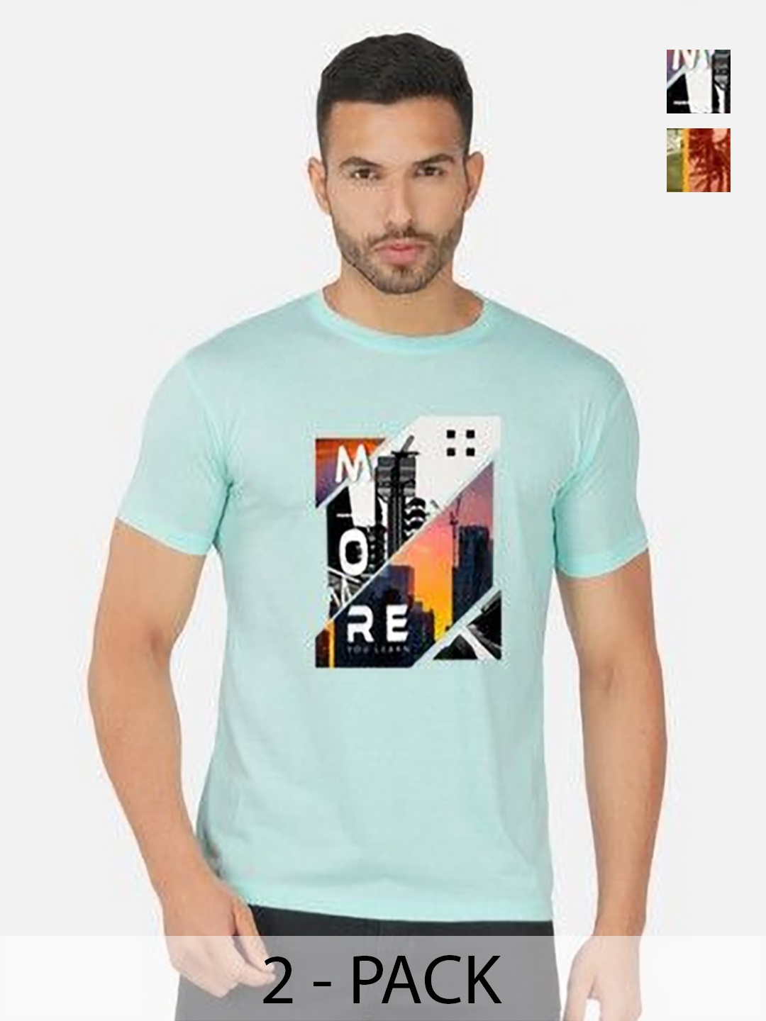 

GLOBAL NOMAD Men 2 Printed Bio Finish Applique T-shirt, Turquoise blue