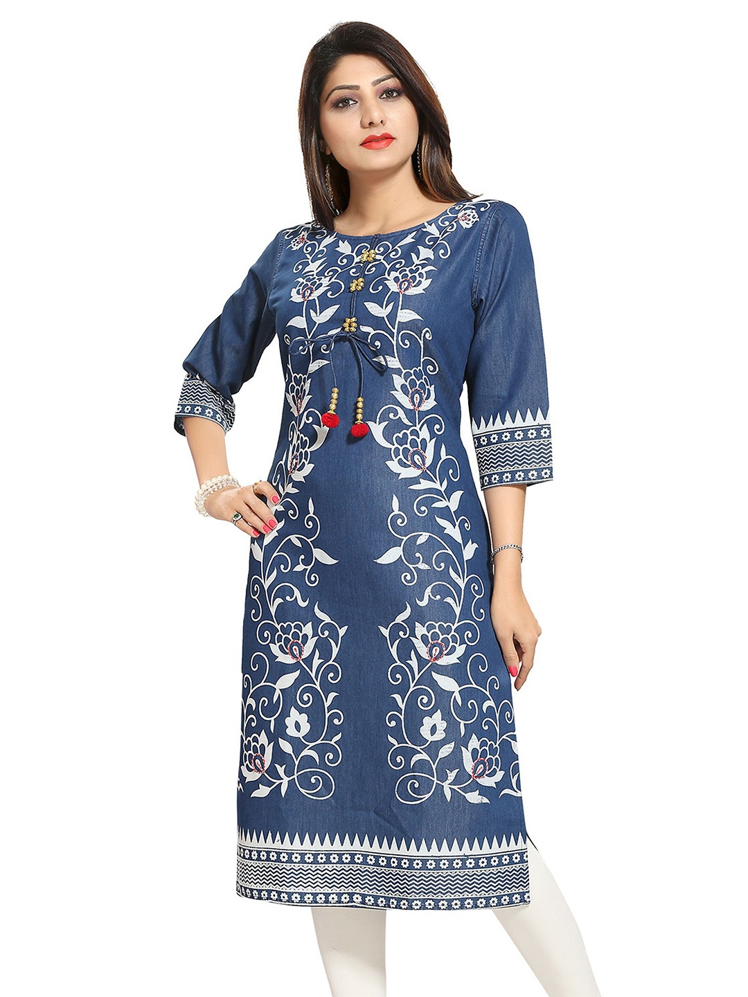 

Meher Impex Printed With Hanging Broach Straight Kurta, Blue