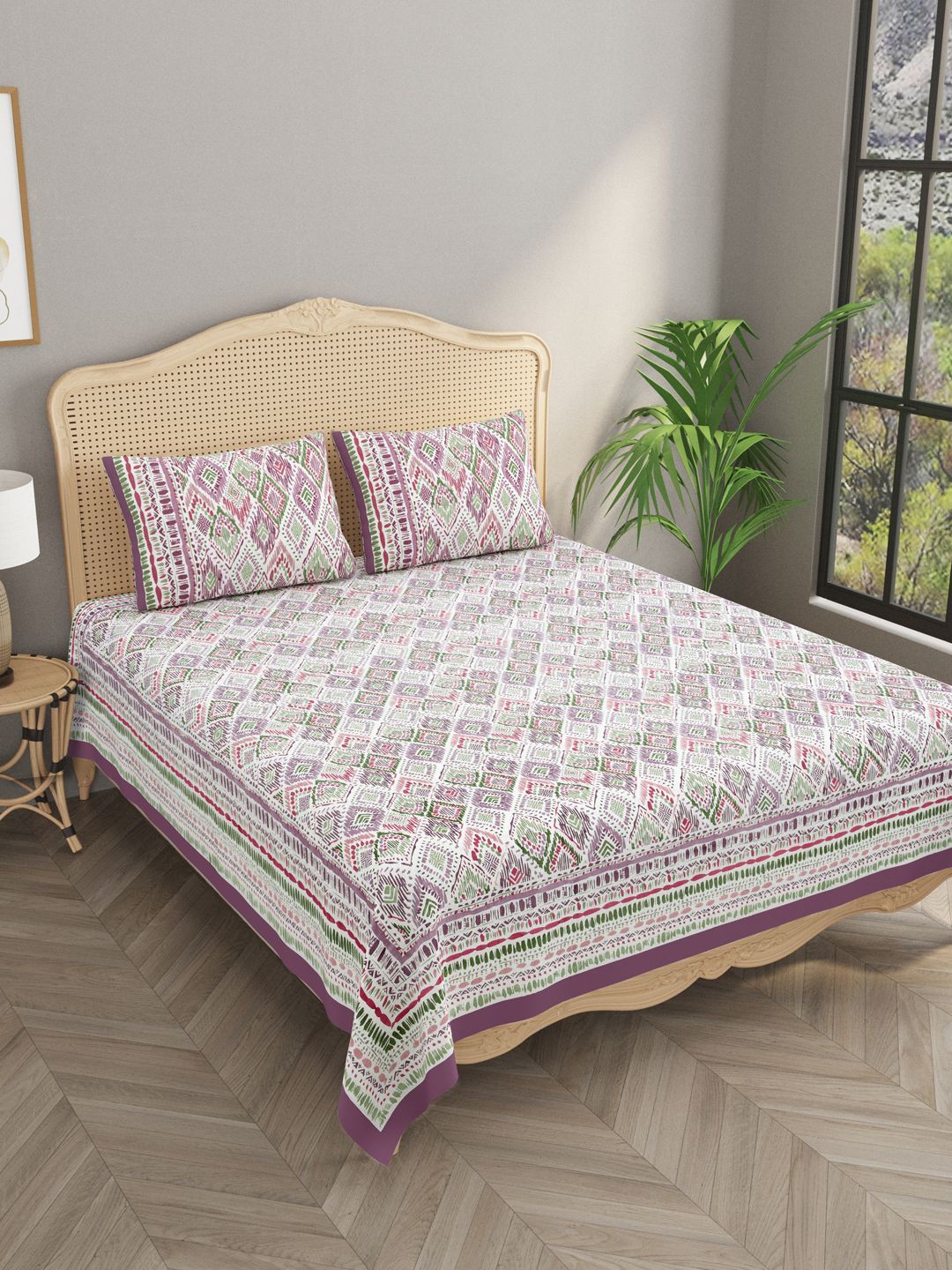 

Gulaab Jaipur White & Purple Geometric 400 TC King Bedsheet with 2 Pillow Covers