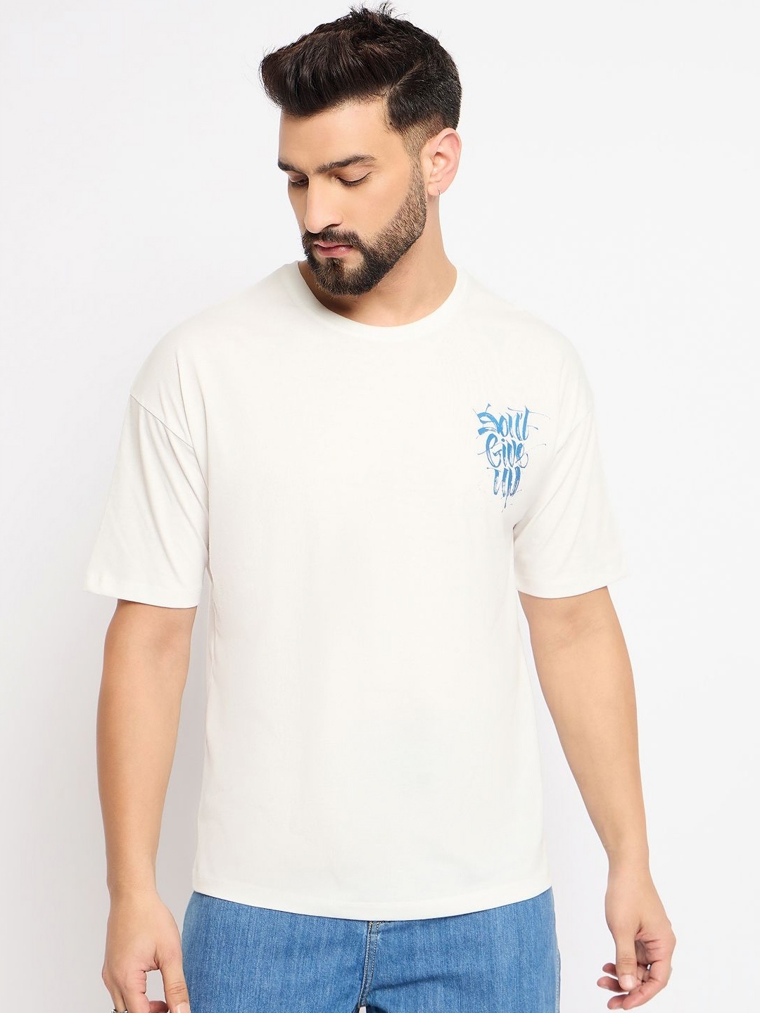 

Mast & Harbour Men Typography Printed Pure Cotton Raw Edge T-shirt, White