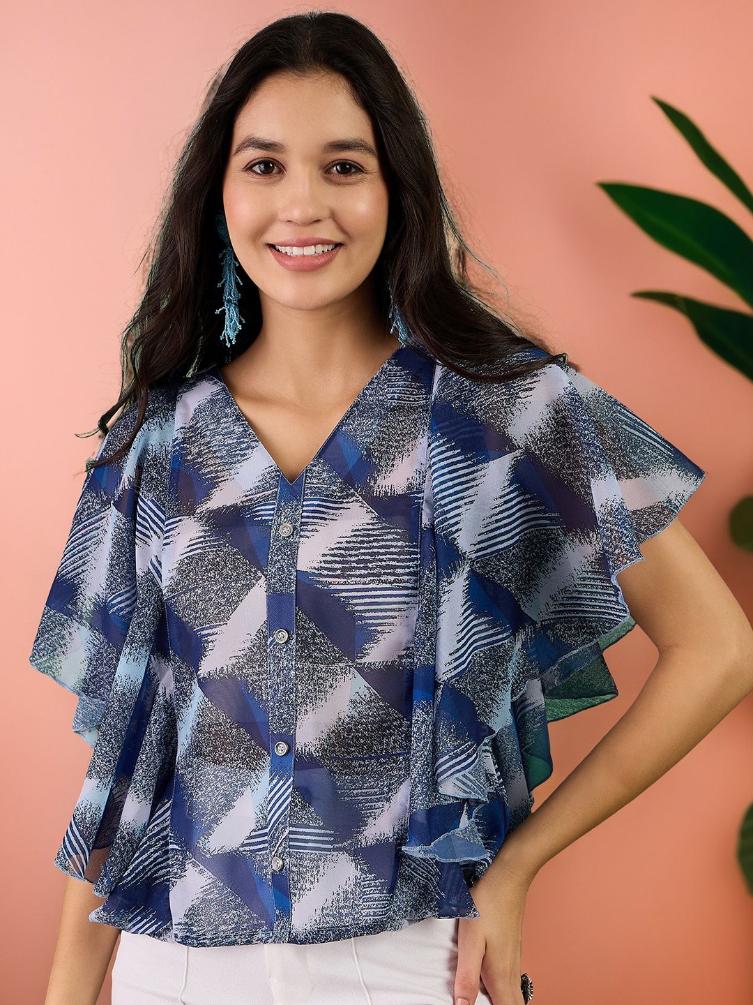 

Sangria Printed Batwing Sleeves Kaftan Top, Blue