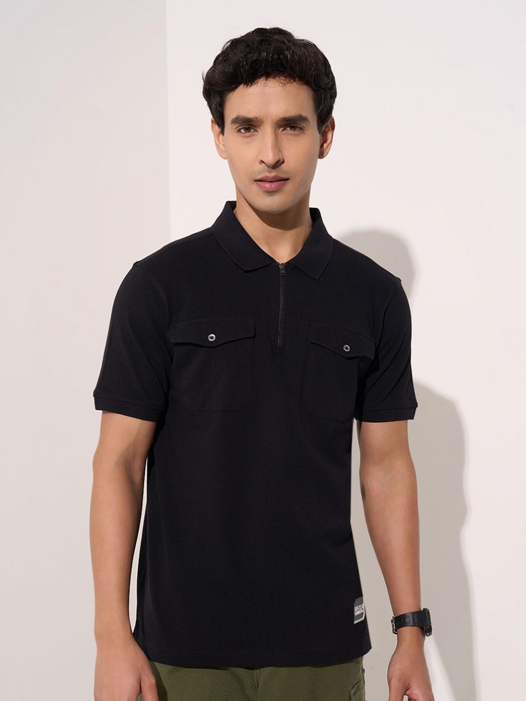 

SF JEANS by Pantaloons Men Polo Collar Extended Sleeves Pockets Slim Fit T-shirt, Charcoal