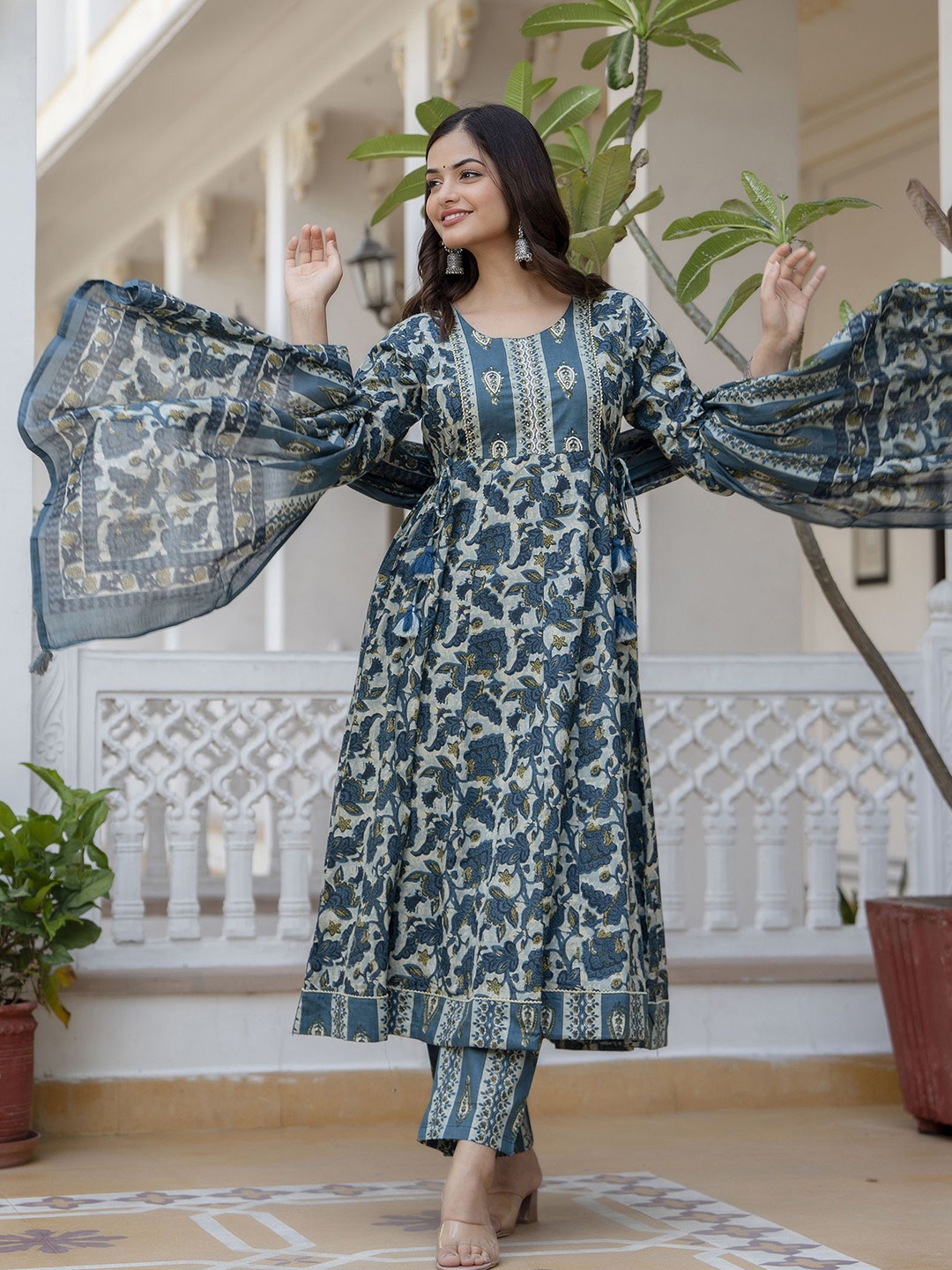 

Anouk Women Floral Embroidered Panelled Sequinned Pure Cotton Kurta with Pyjamas & With Dupatta, Blue