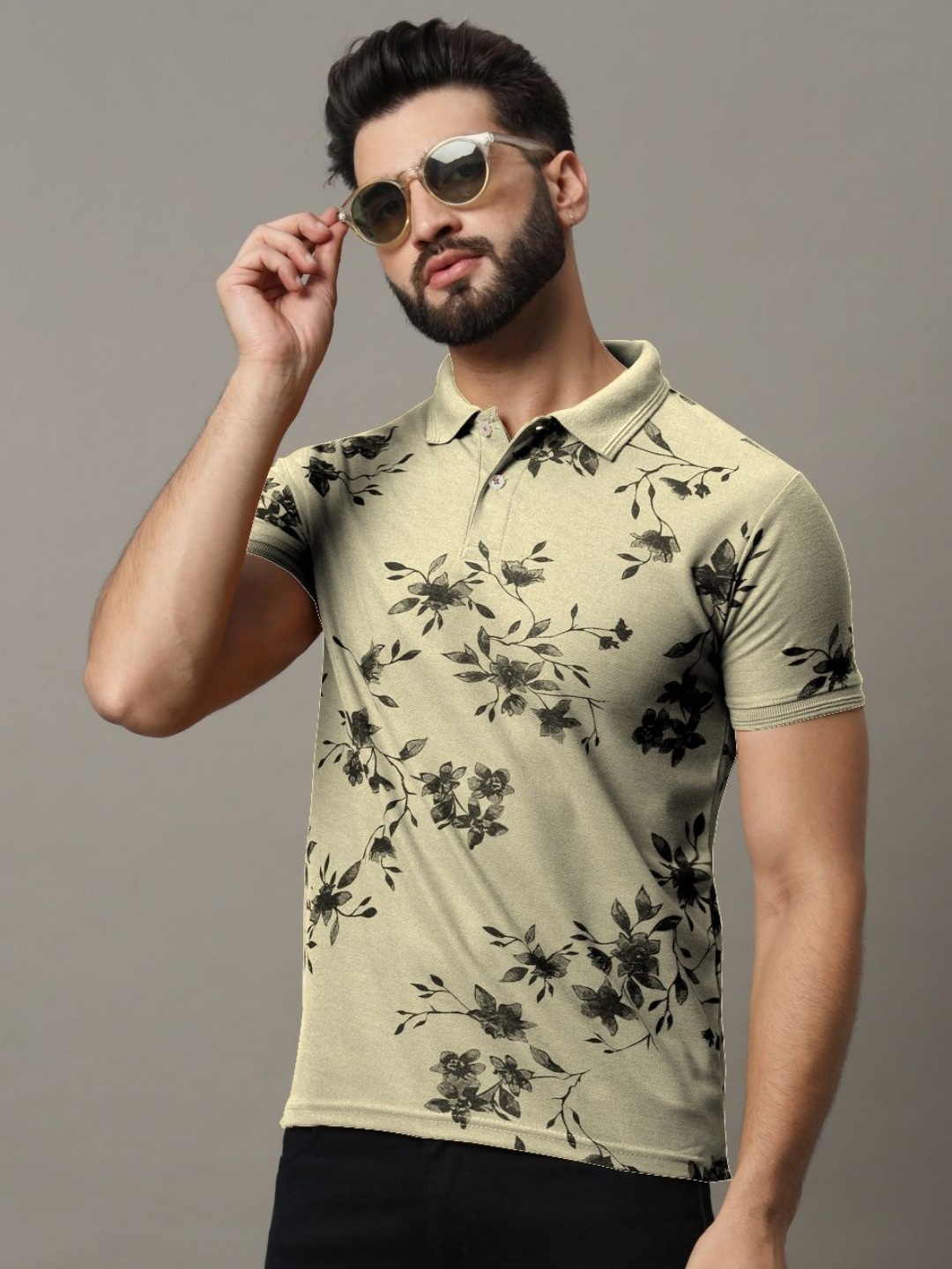 

R.ARHAN PREMIUM Men Printed Polo Collar T-shirt, Beige