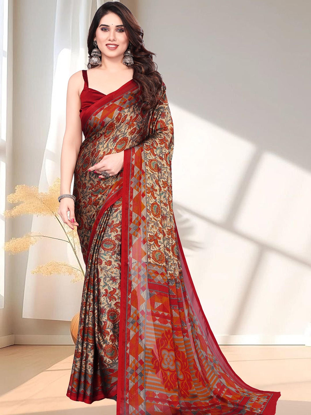 

SUPERLAXMI Floral Pure Chiffon Saree, Maroon