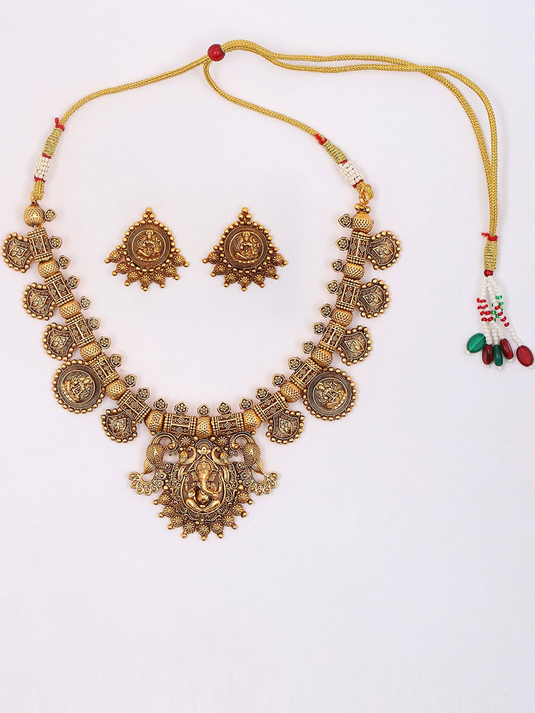 

Exotic India Lord Ganesha Goddess Laxmi Temple Necklace and Earrings Set, Gold