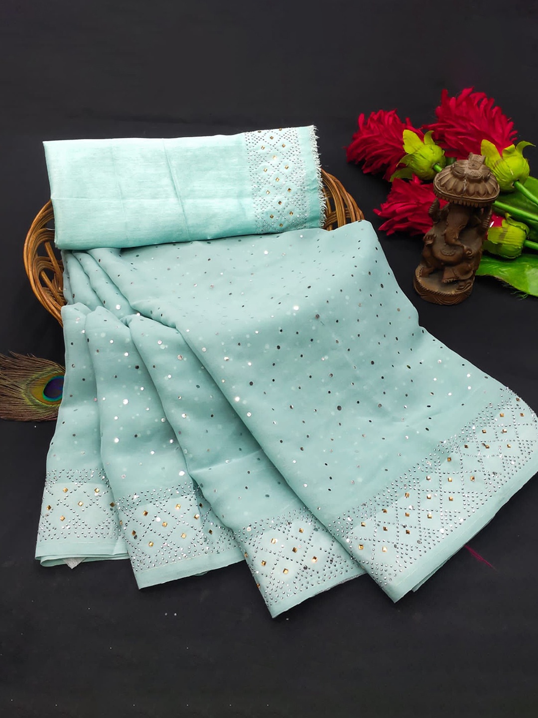 

PAYAL CREATION Embellished Beads and Stones Pure Georgette Saree, Sea green