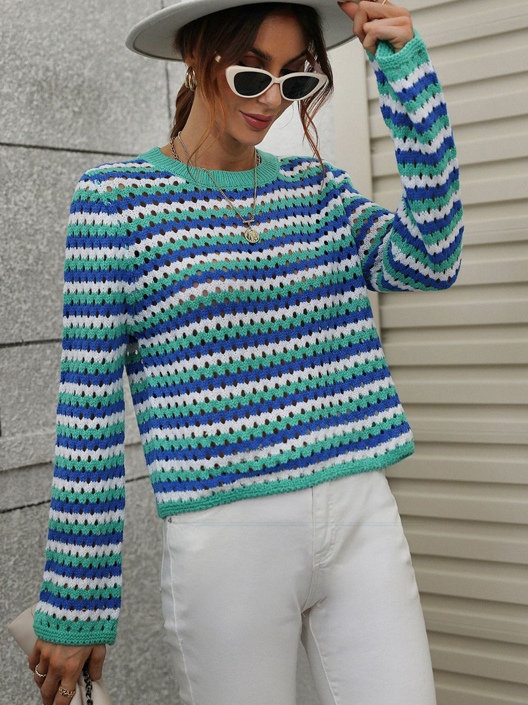

Oh Rare Women Striped Pullover, Green