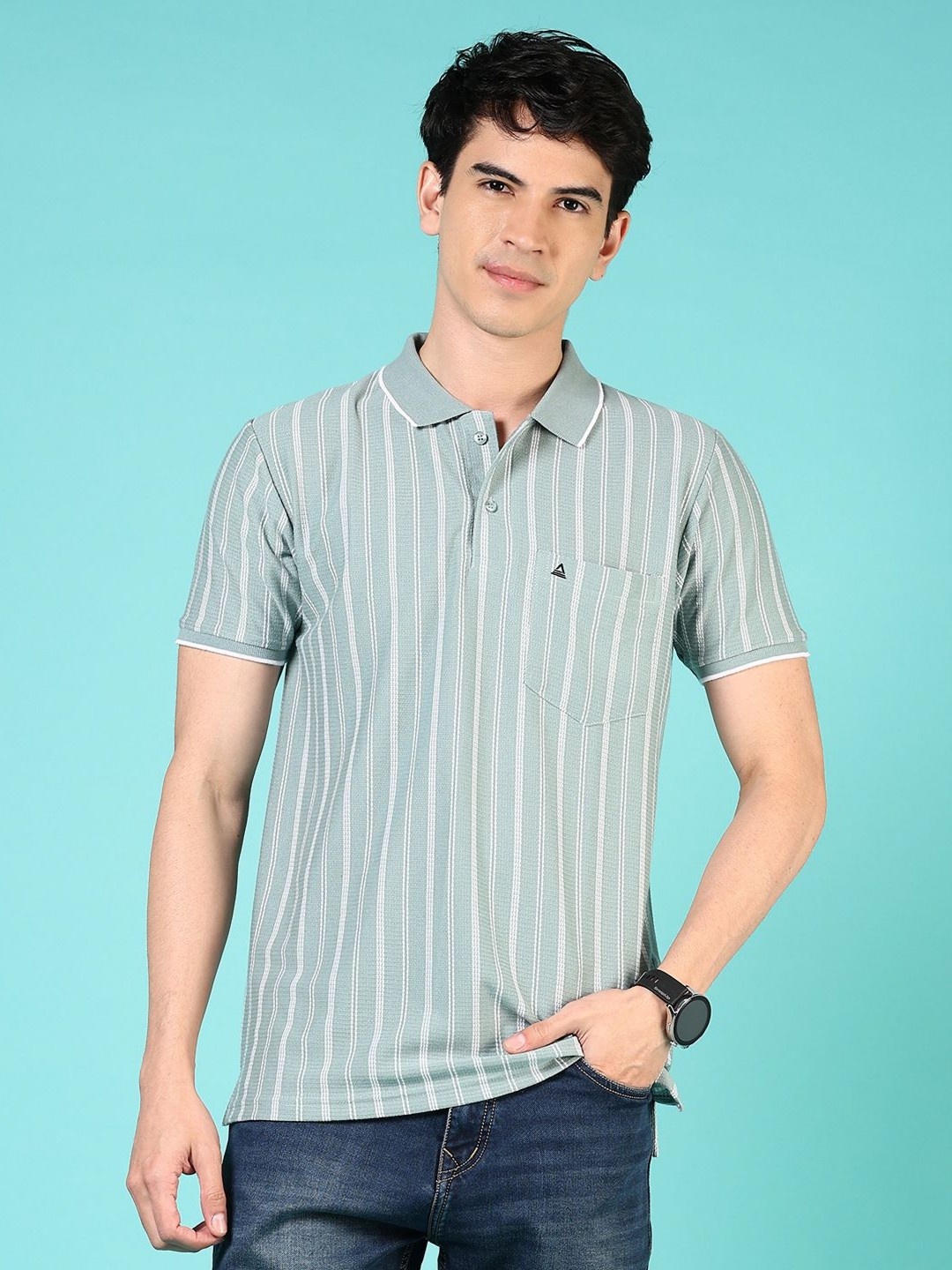 

V-Mart Men Striped Polo Collar Pockets T-shirt, Green