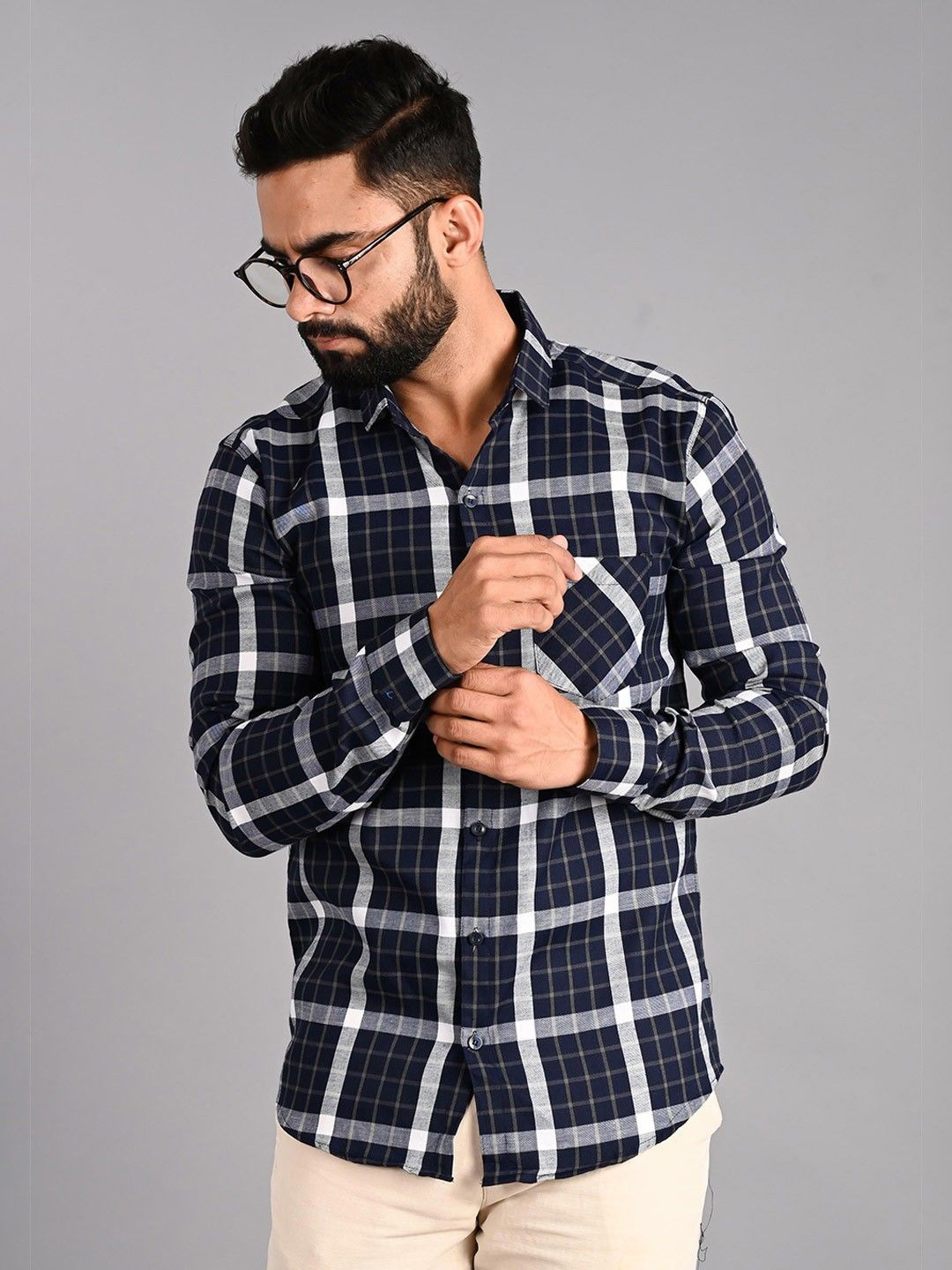 

PulseIQ Men Slim Fit Opaque Checked Casual Shirt, Blue