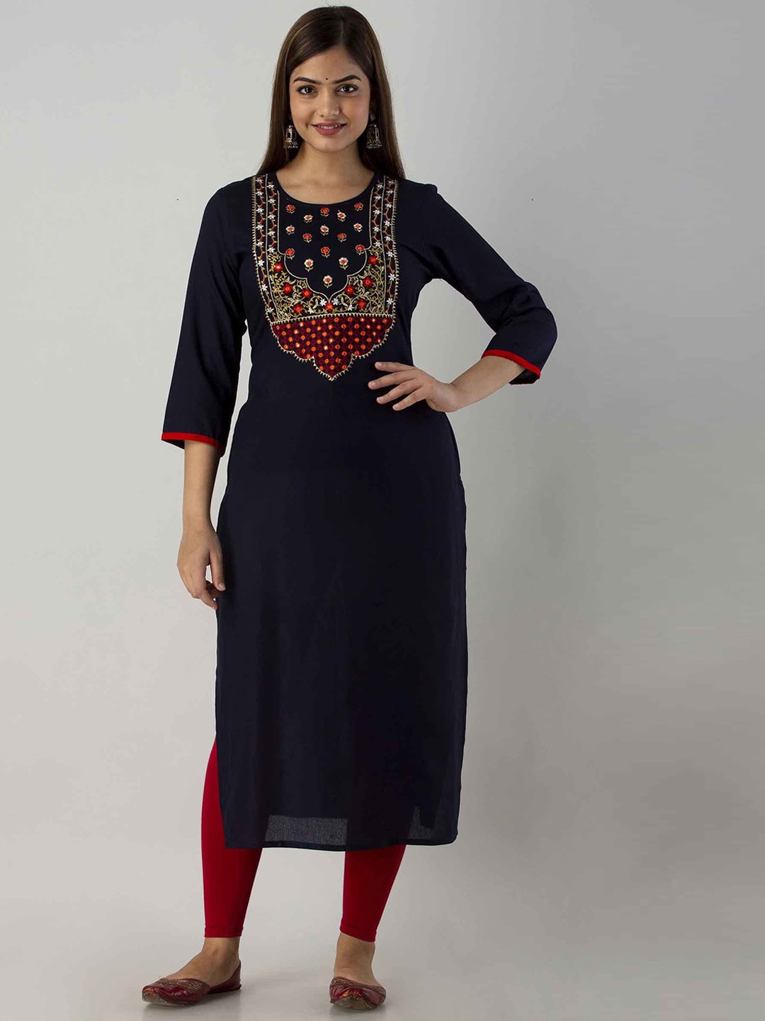 

KALINI Women Floral Embroidered Kurta, Navy blue