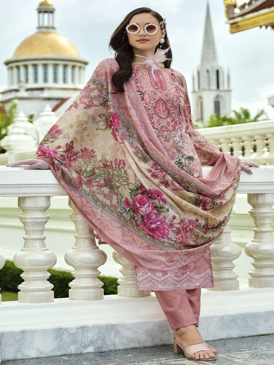 

DRAVINAM Trends Embroidered Pure Cotton Unstitched Dress Material, Peach