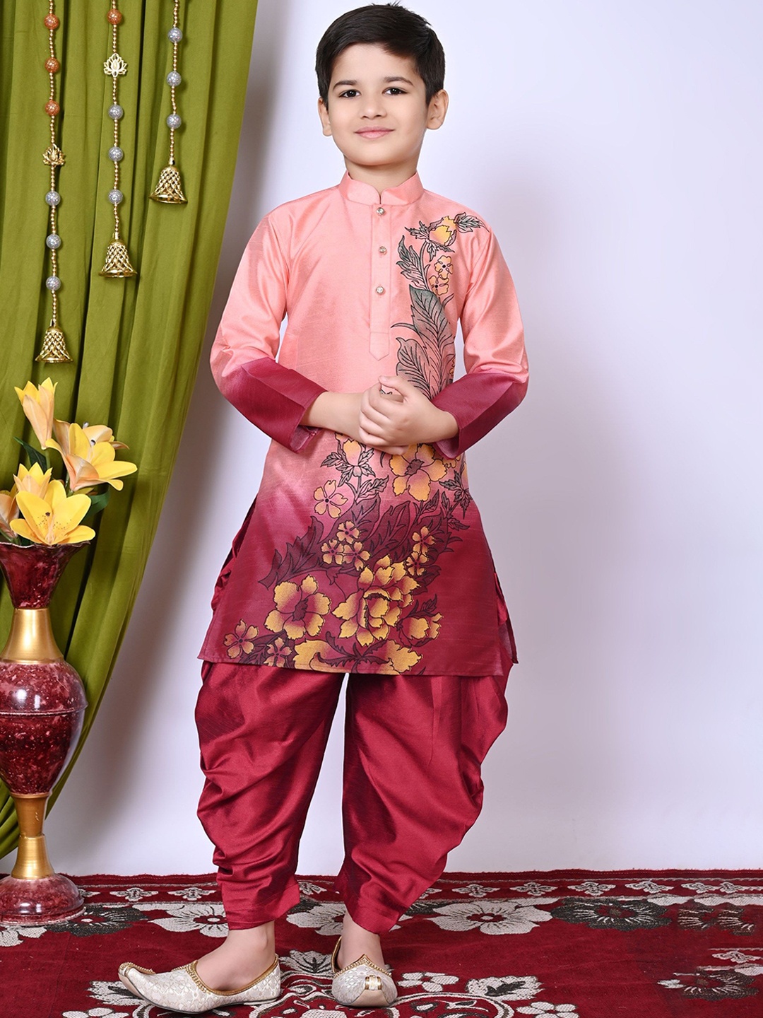 

NFC CREATION Boys Floral Printed Regular Dupion Silk Kurta with Patiala, Peach