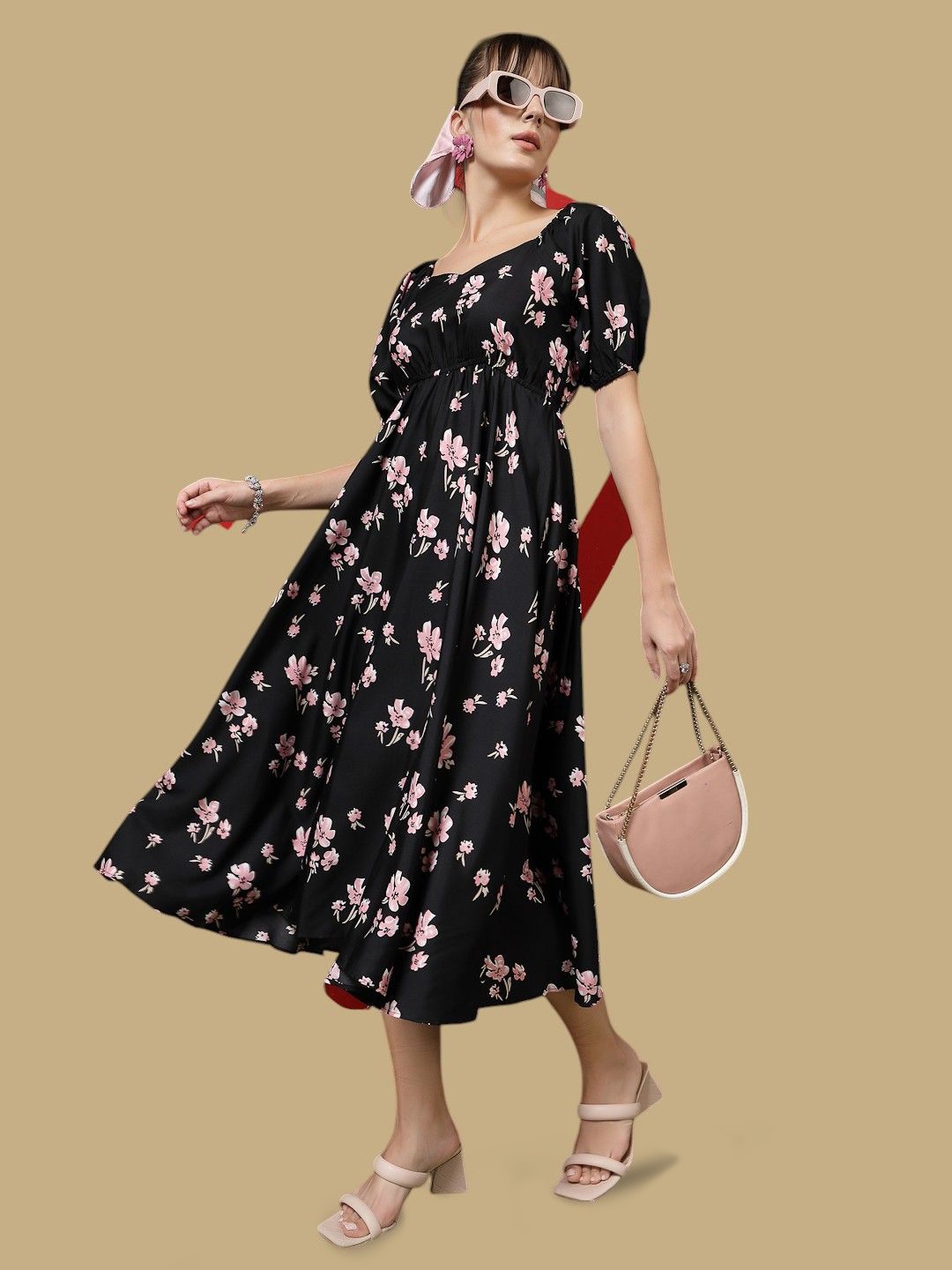 

Chemistry Floral Print Puff Sleeve Crepe Fit & Flare Maxi Dress, Black