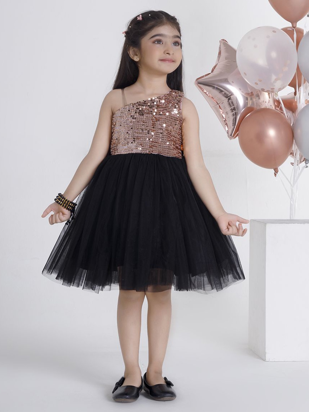 

Ministitch One Shoulder Applique Net Fit & Flare Dress, Black