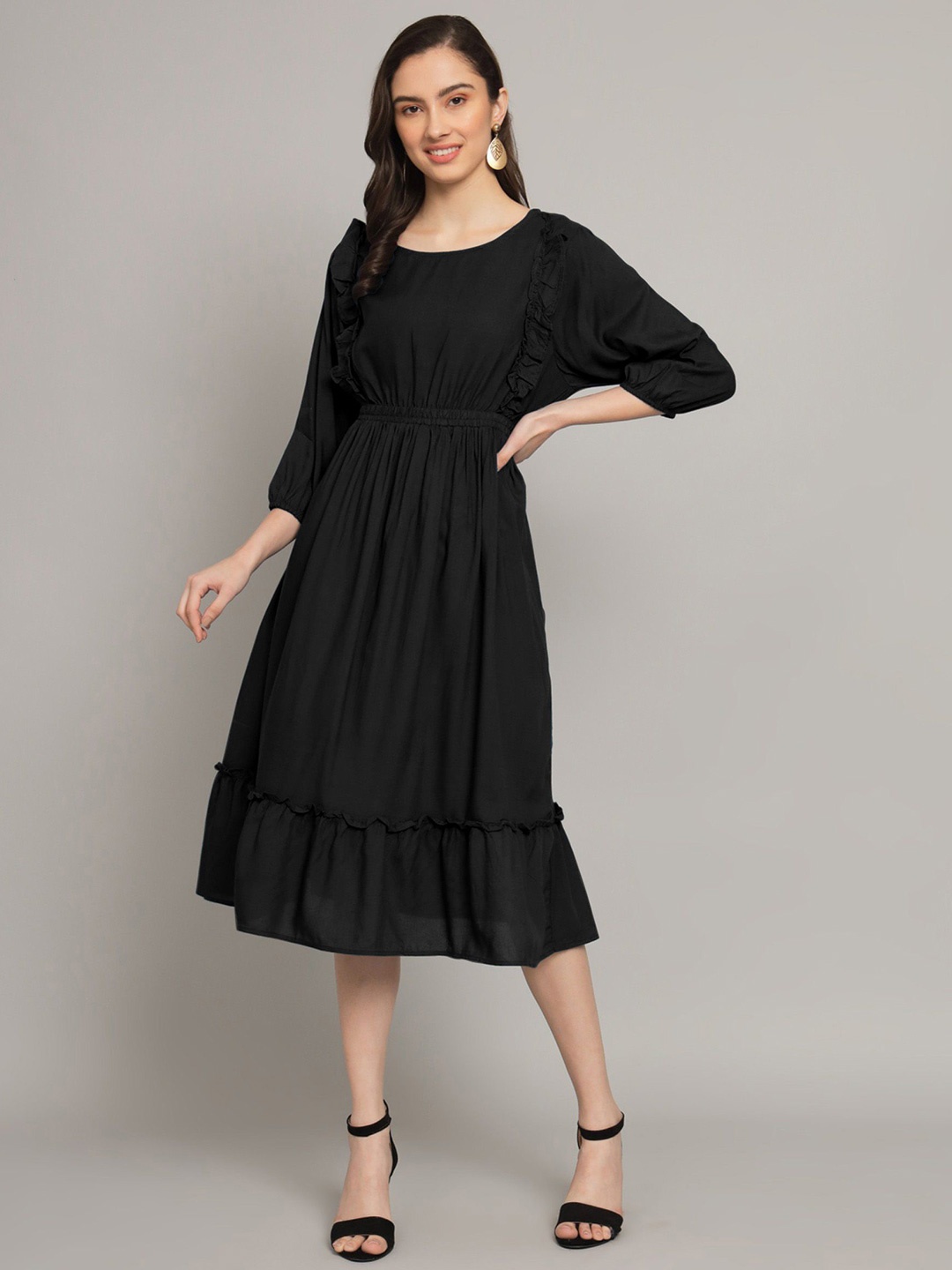 

Raiyani Fashion Applique Crepe Fit & Flare Midi Dress, Black
