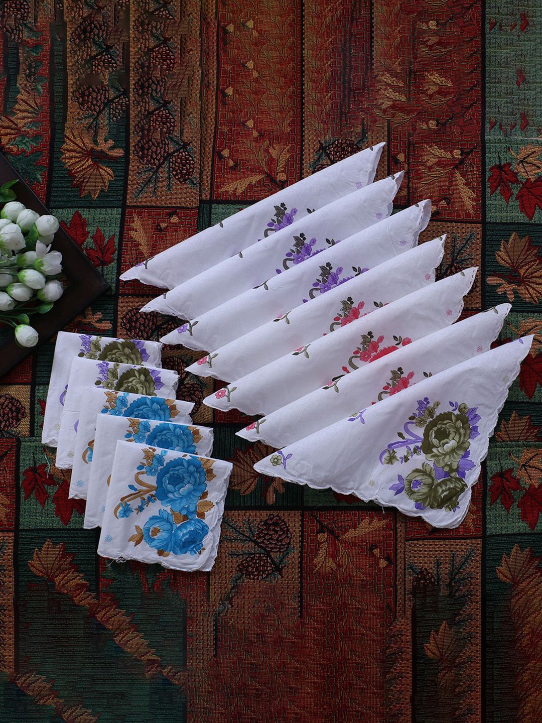 

Kuber Industries Women & Girls Set Of 12 White Rose Print Cutwork Cotton Hankies