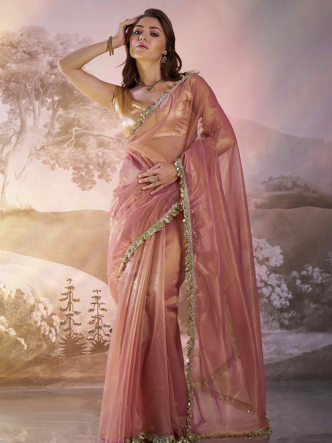

HERE&NOW Beads and Stones Satin Tussar Saree, Pink