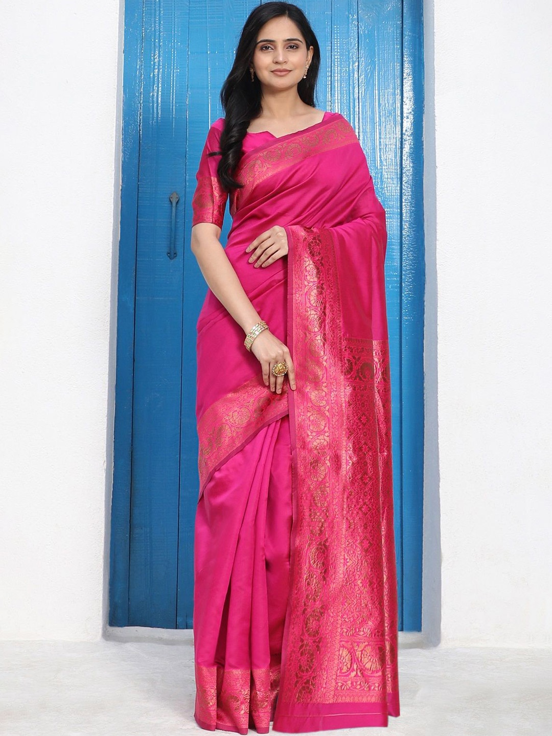 

ORUS Woven Design Zari Silk Blend Kanjeevaram Saree, Pink