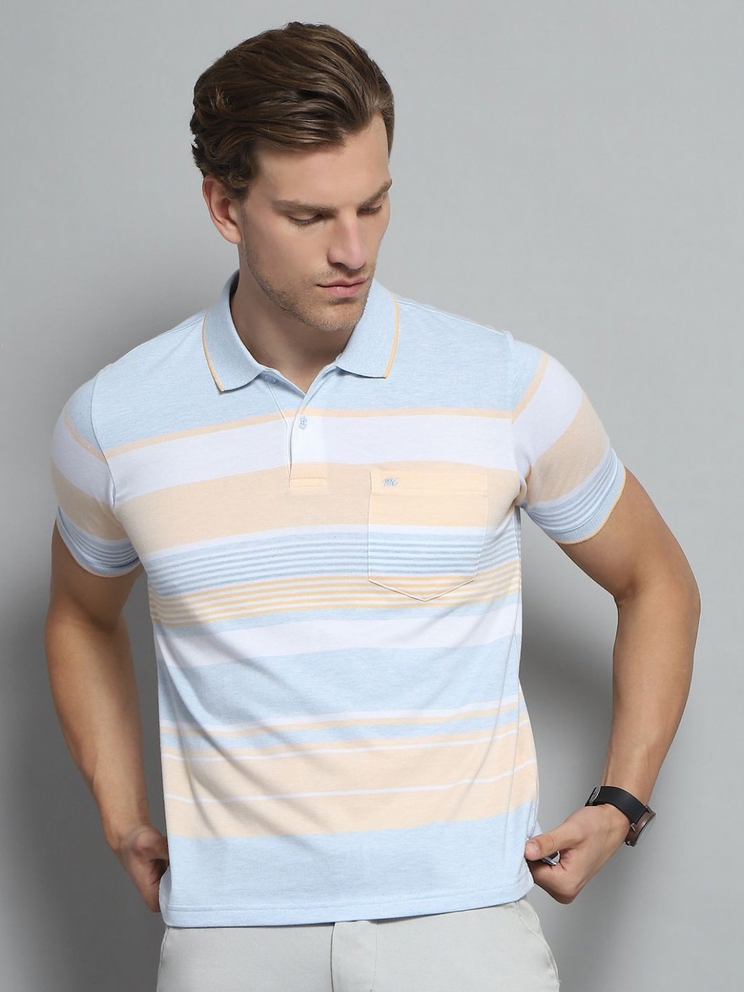 

Monte Carlo Men Striped Polo Collar Pockets T-shirt, Blue