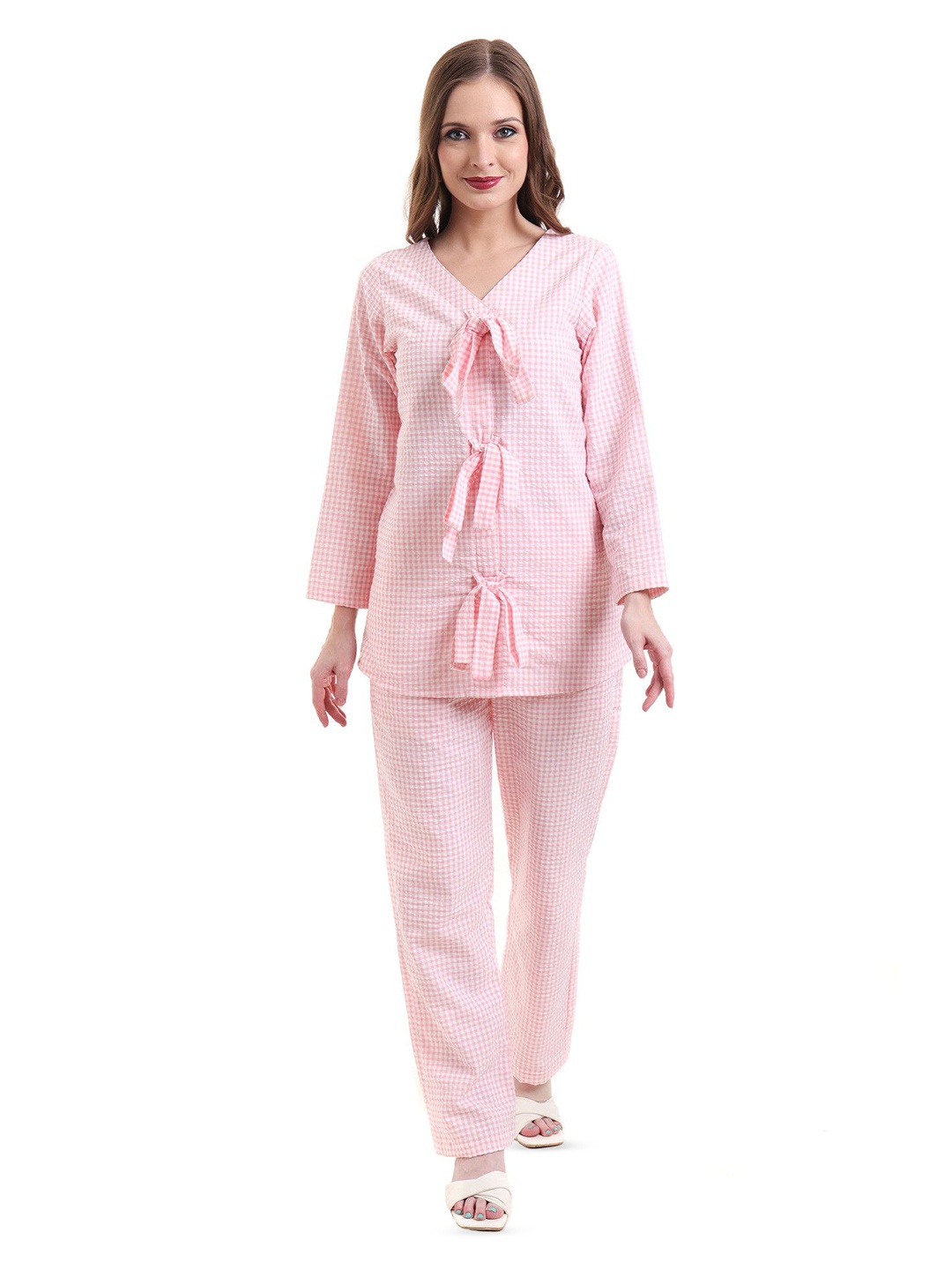 

INGRID Checked Pure Cotton Top With Trousers Co-Ords, Pink