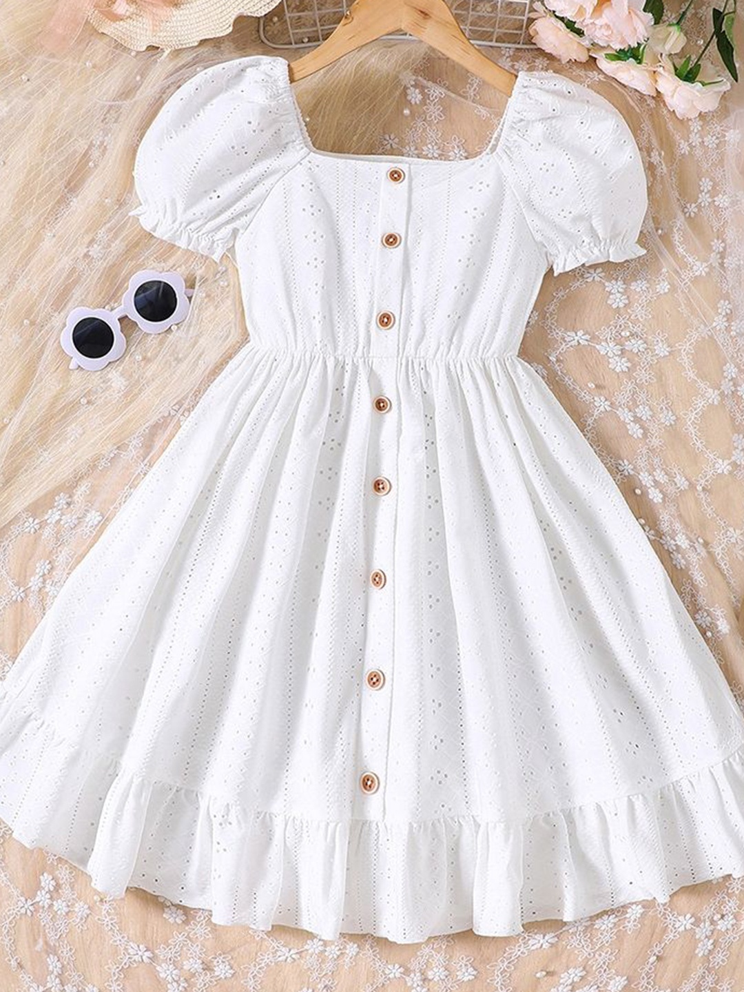 

LULU & SKY Floral Striped Puff Sleeve Fit & Flare Dress, White