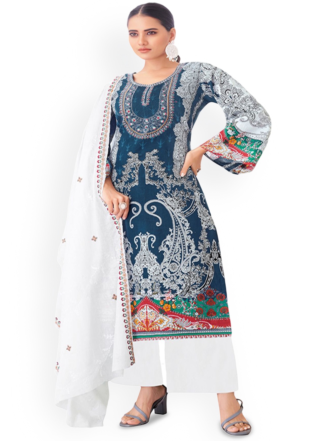 

DRAVINAM Trends Embroidered Pure Cotton Unstitched Dress Material, Blue