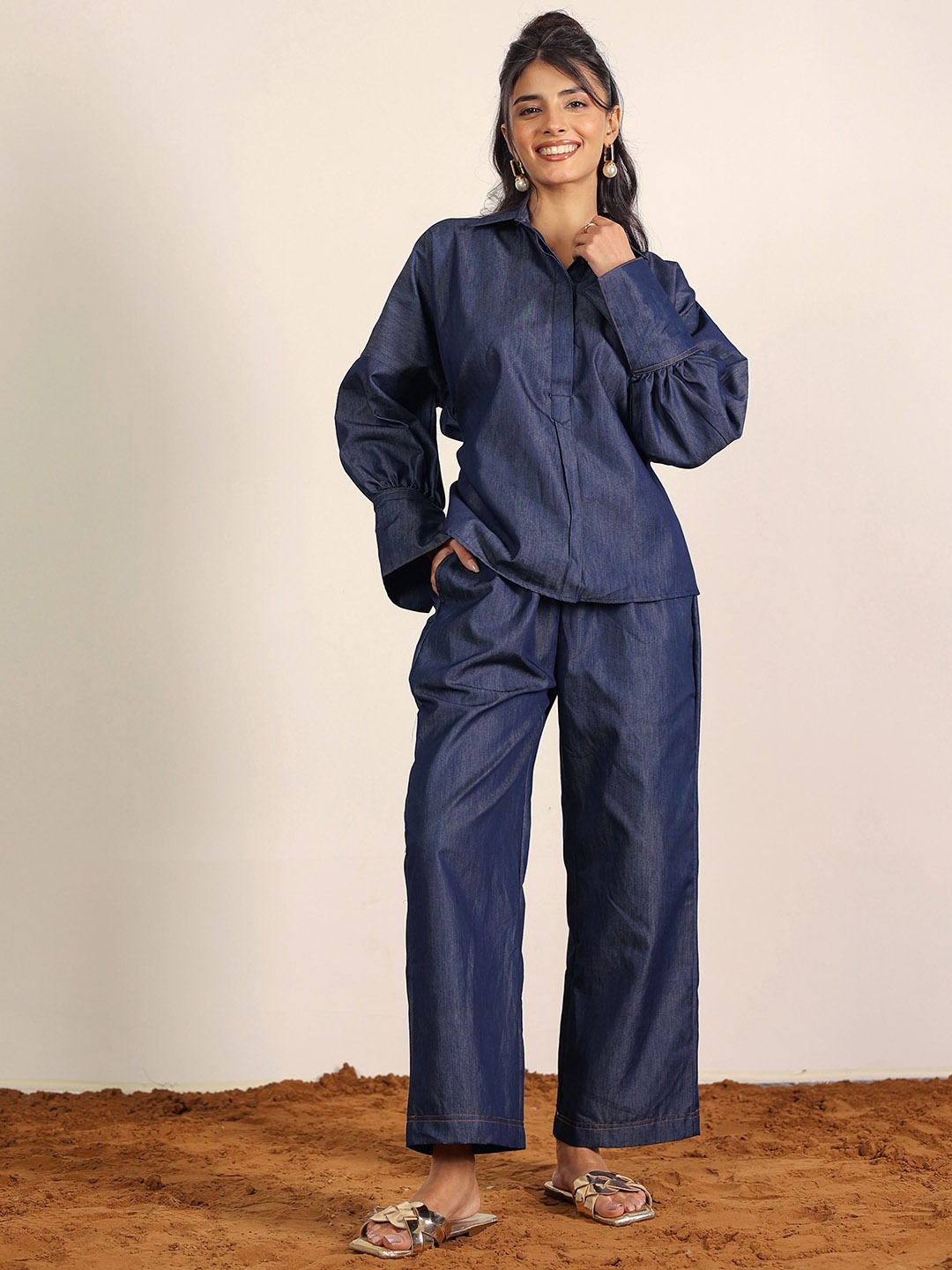

KAORI BY SHREYA AGARWAL Cotton Shirt Collar Shirt With Trousers Co-Ords, Navy blue