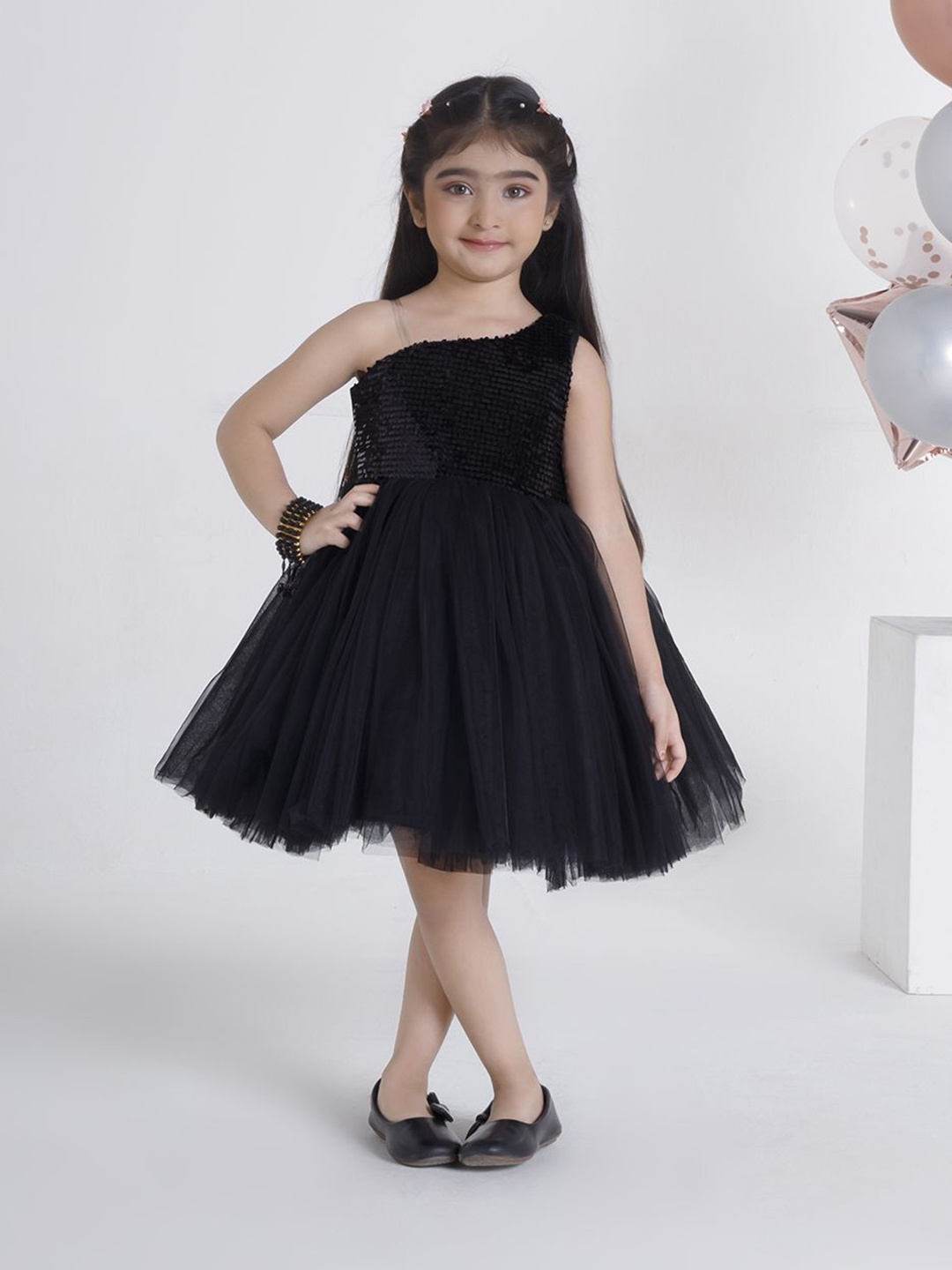 

Ministitch One Shoulder Applique Net Fit & Flare Dress, Black