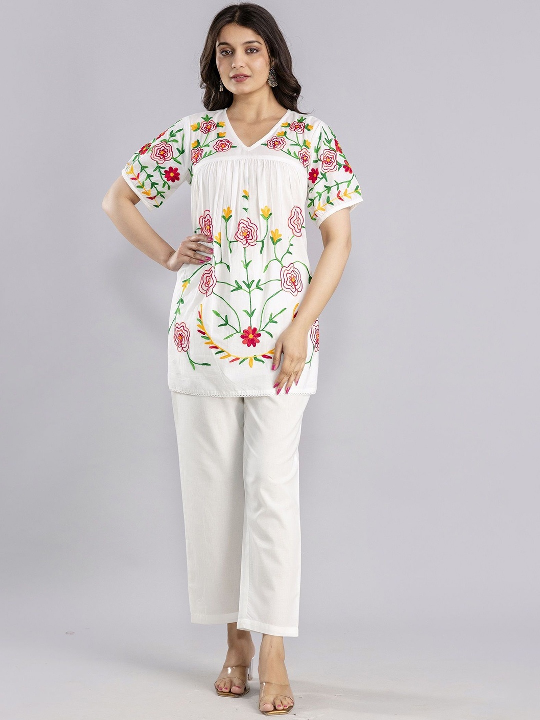

MF Hayat Floral Embroidered Top With Trouser Co-Ords, White