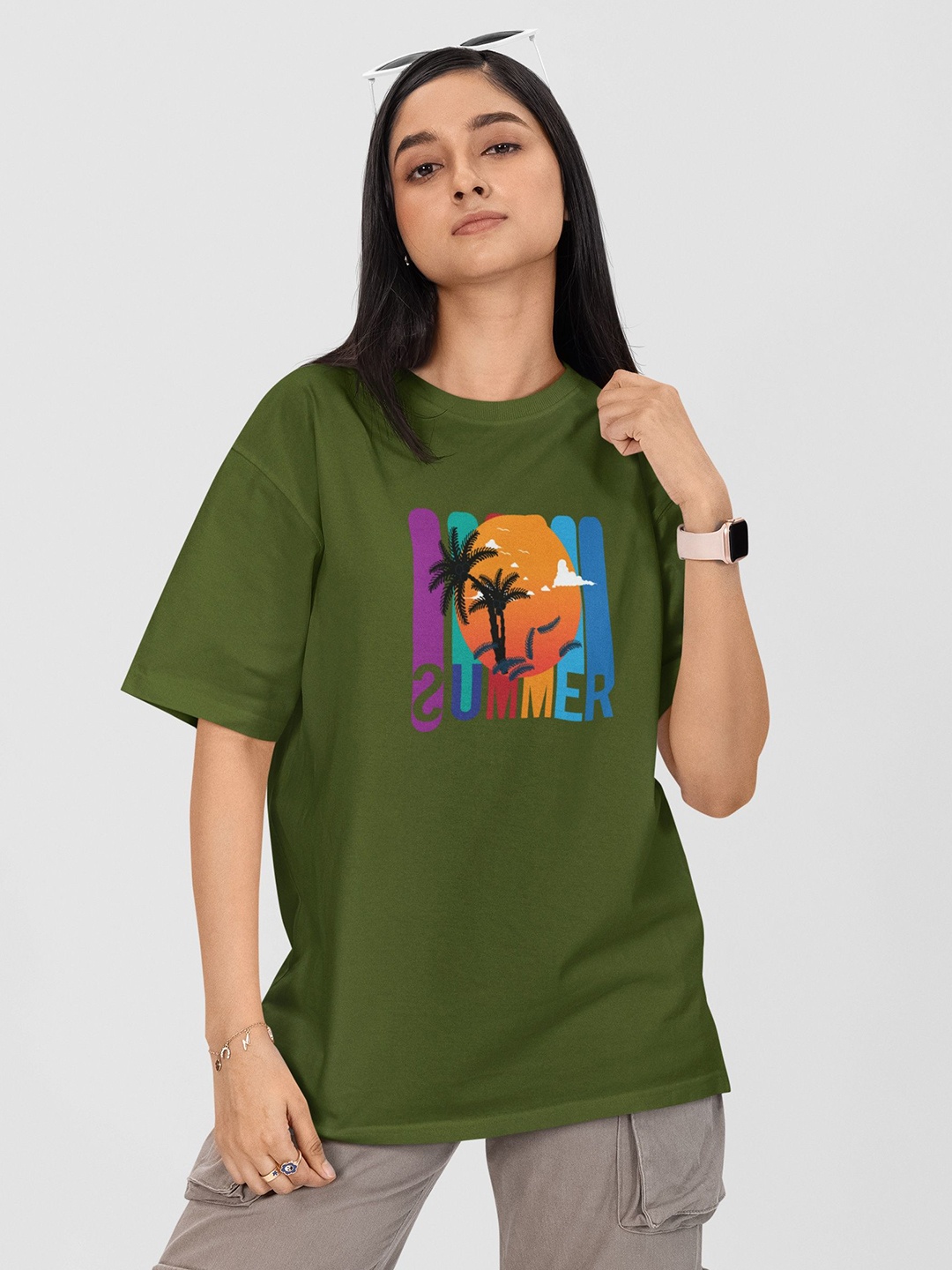 

Moda Rapido Women Printed Drop-Shoulder Sleeves Applique T-shirt, Green