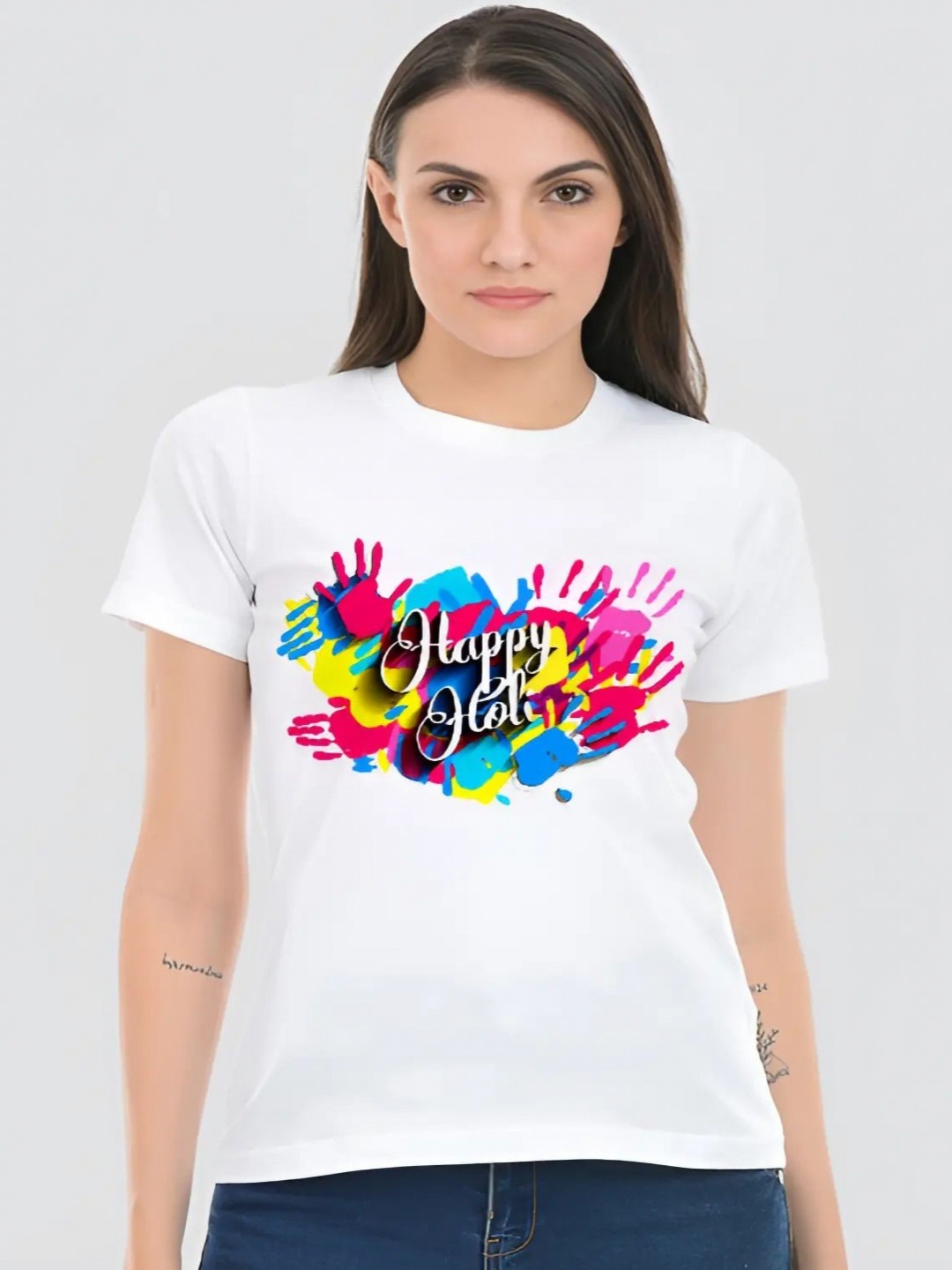 

Shiv traders collection Women Printed Applique T-shirt, White