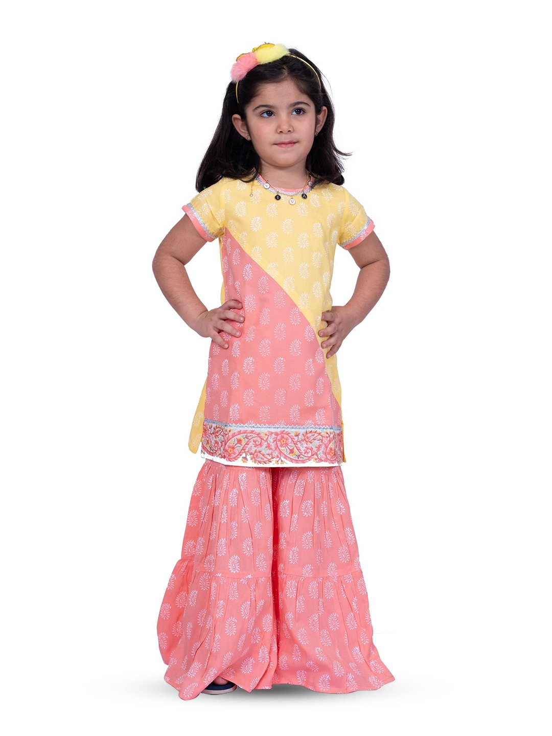 

Twisha Girls Paisley Printed Regular Gotta Patti Kurta With Sharara, Yellow