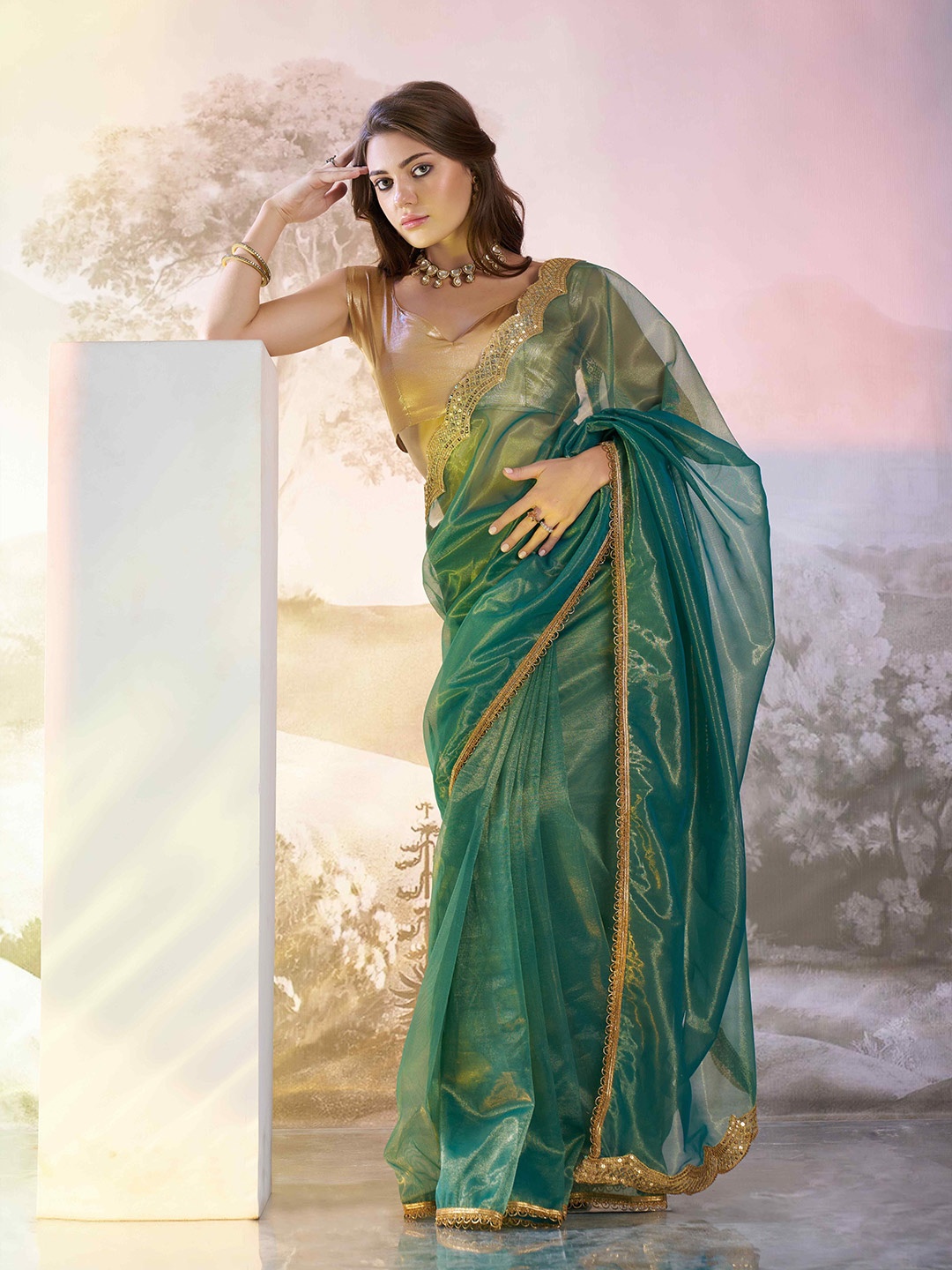 

HERE&NOW Embroidered Net Tussar Saree, Green