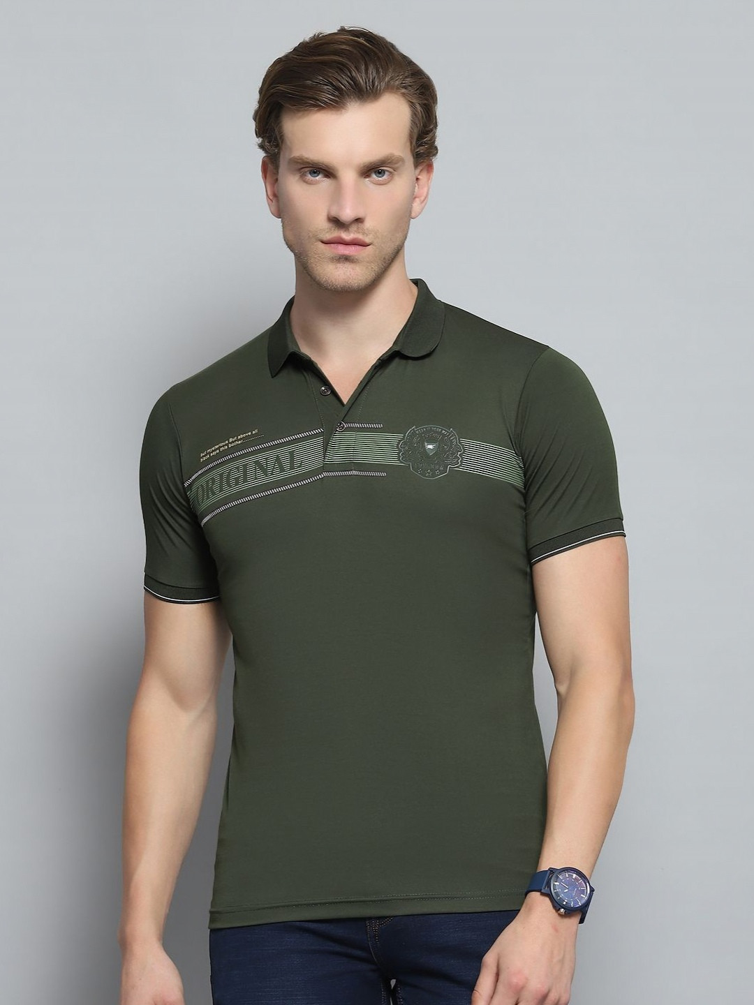 

Monte Carlo Men Printed Polo Collar T-shirt, Olive