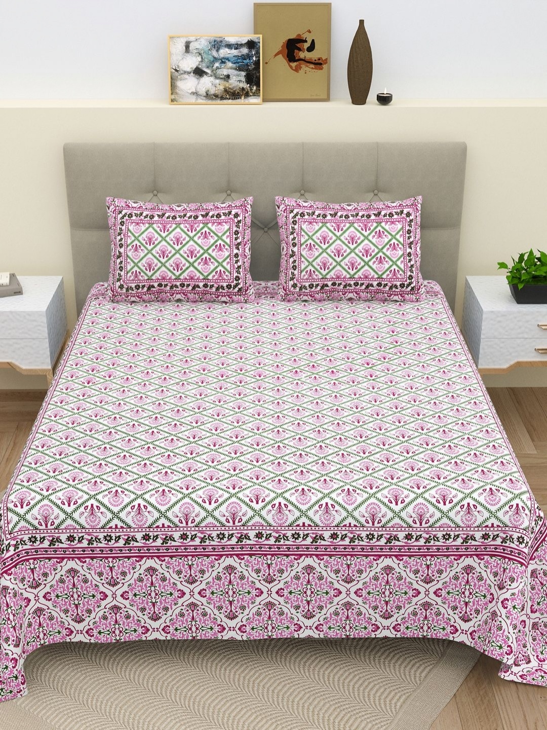 

BELLA CASA White & Pink Ethnic Motifs 180 TC King Bedsheet with 2 Pillow Covers
