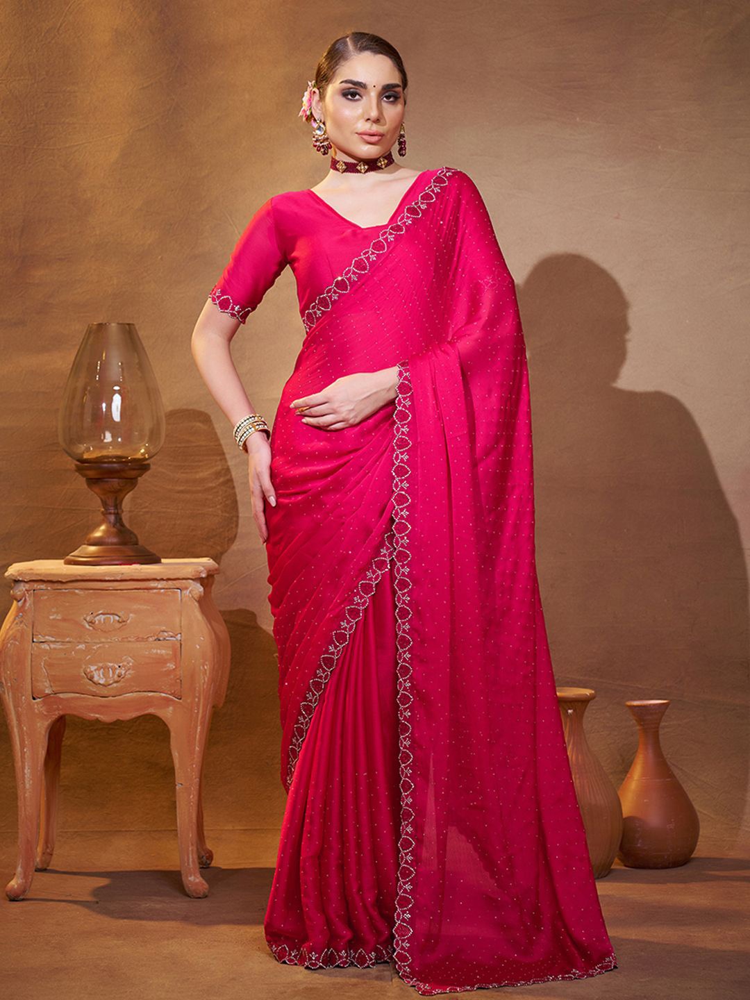 

modeva Embellished Beads and Stones Satin Saree, Pink