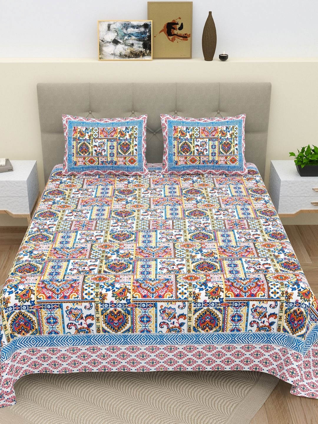 

BELLA CASA White & Blue Ethnic Motifs 180 TC King Bedsheet with 2 Pillow Covers