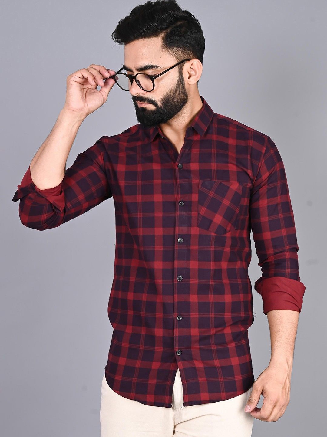 

PulseIQ Men Slim Fit Opaque Checked Casual Shirt, Maroon