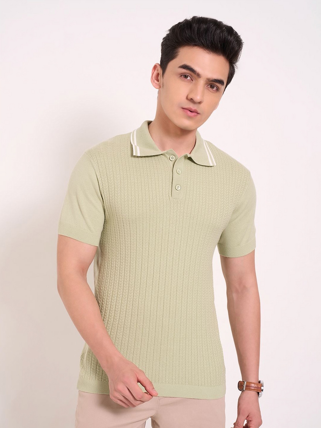 

Peregrine by Pantaloons Men Polo Collar Cut Outs T-shirt, Olive