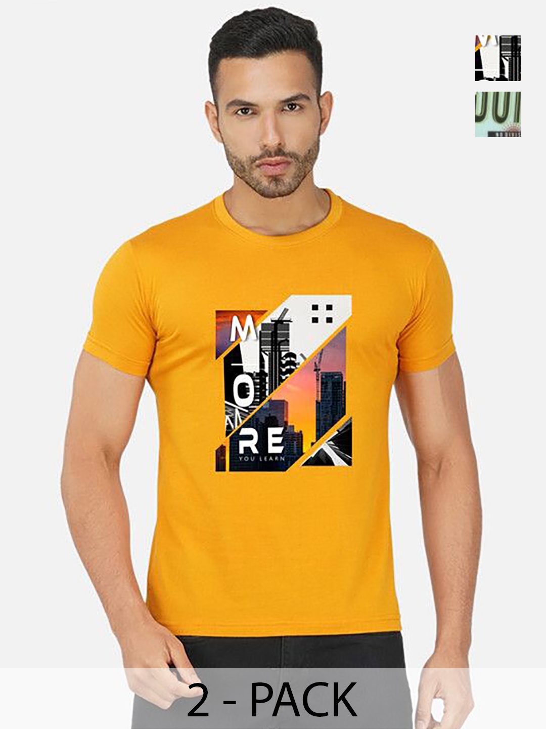 

GLOBAL NOMAD Men 2 Printed Bio Finish Applique T-shirt, Mustard