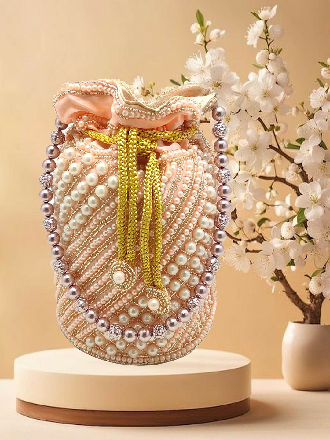 

Esmoda Embellished PU Bucket Handheld Bag, Peach