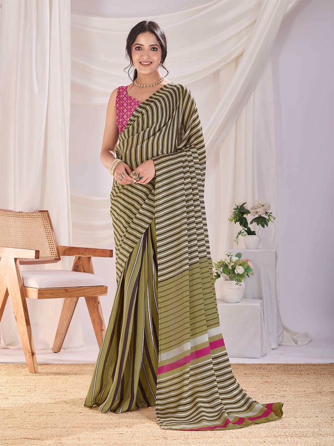 

DIVASTRI Striped Satin Ready to Wear Saree, Olive