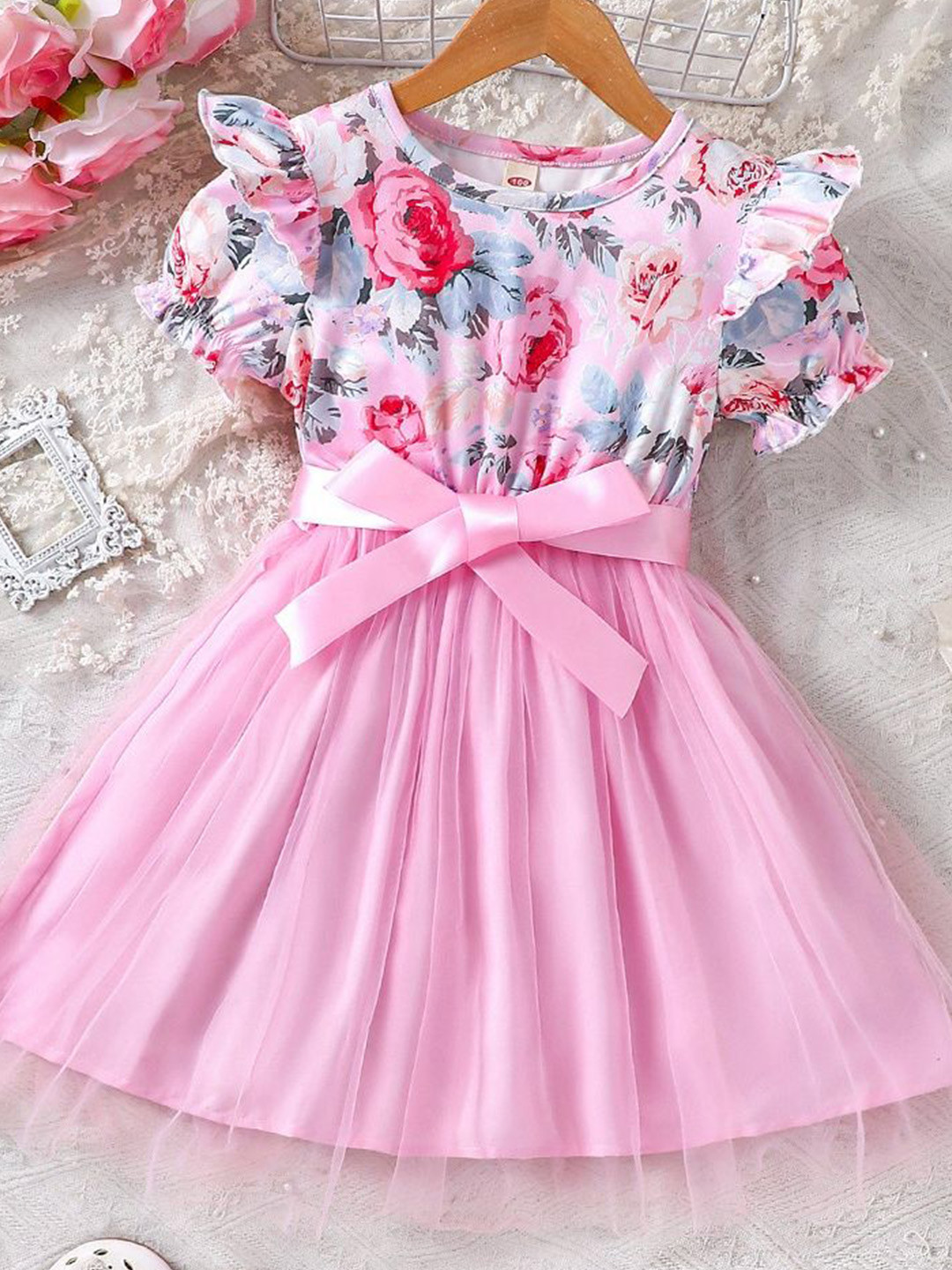 

LULU & SKY Floral Print Flutter Sleeve Fit & Flare Dress, Pink